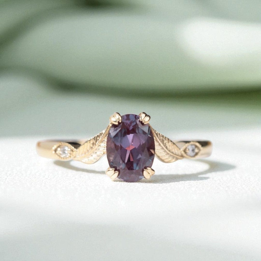 Oval Alexandrite Leaf Engagement Ring
