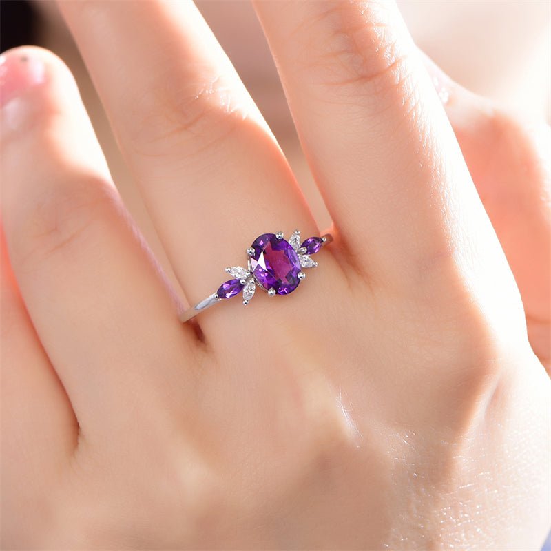 Custom Hexagon Amethyst & Marquise Moissanite Leaf Ring in 14K White Gold