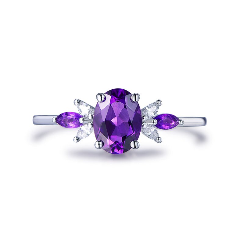 Custom Hexagon Amethyst & Marquise Moissanite Leaf Ring in 14K White Gold