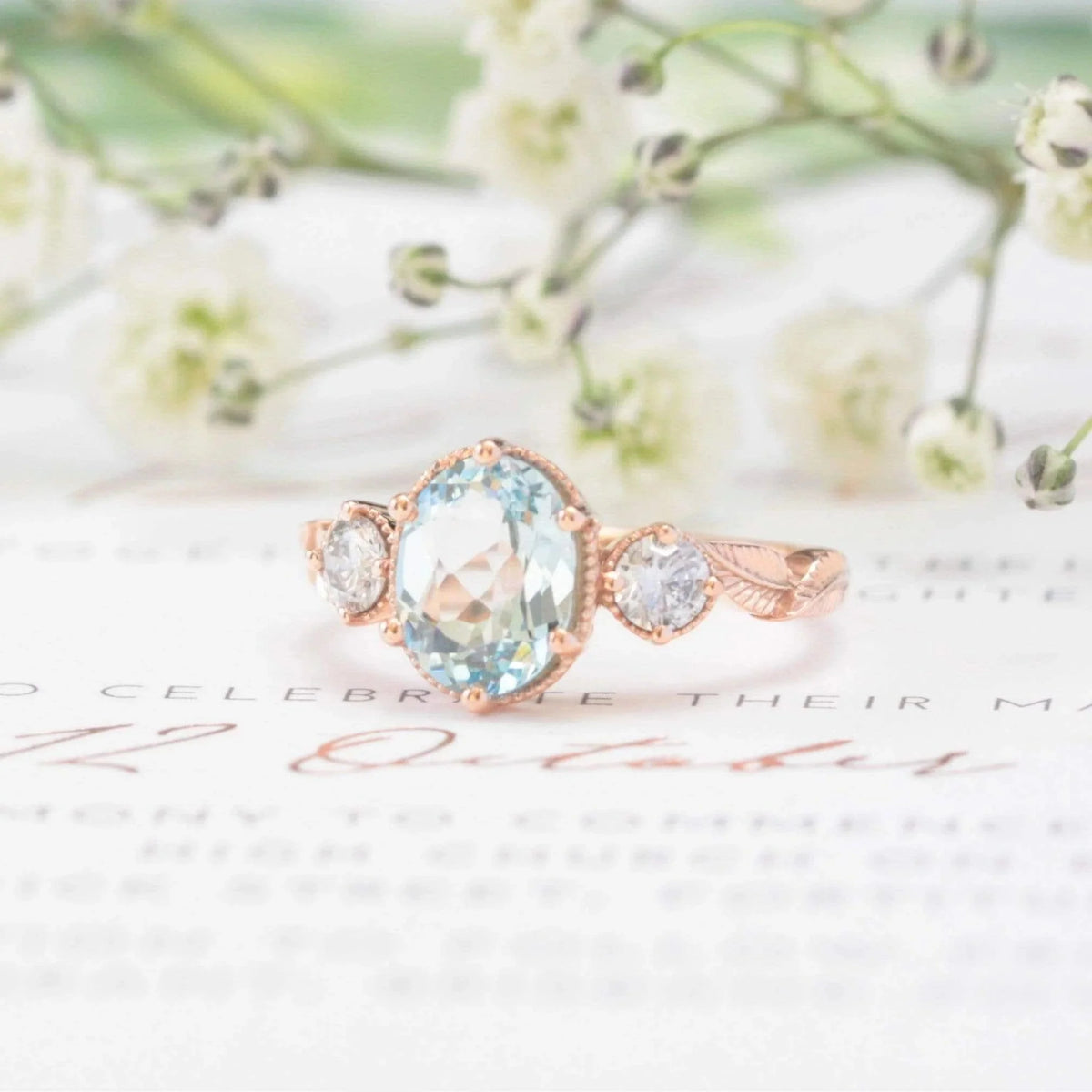 Oval Aquamarine Leaf Ring