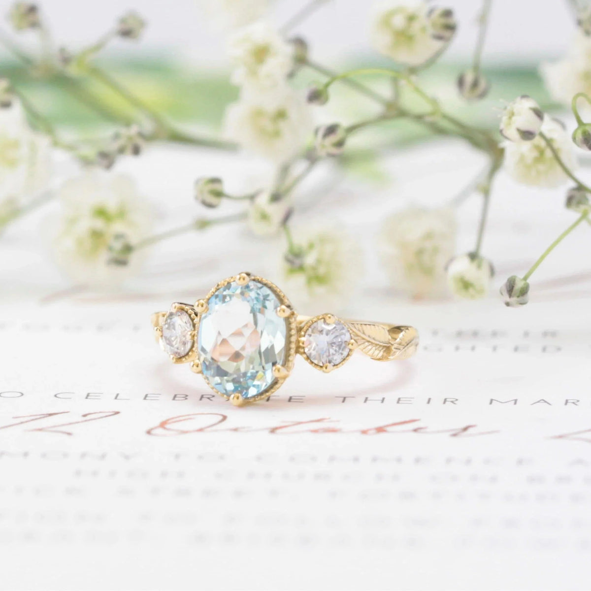 Oval Aquamarine Leaf Ring