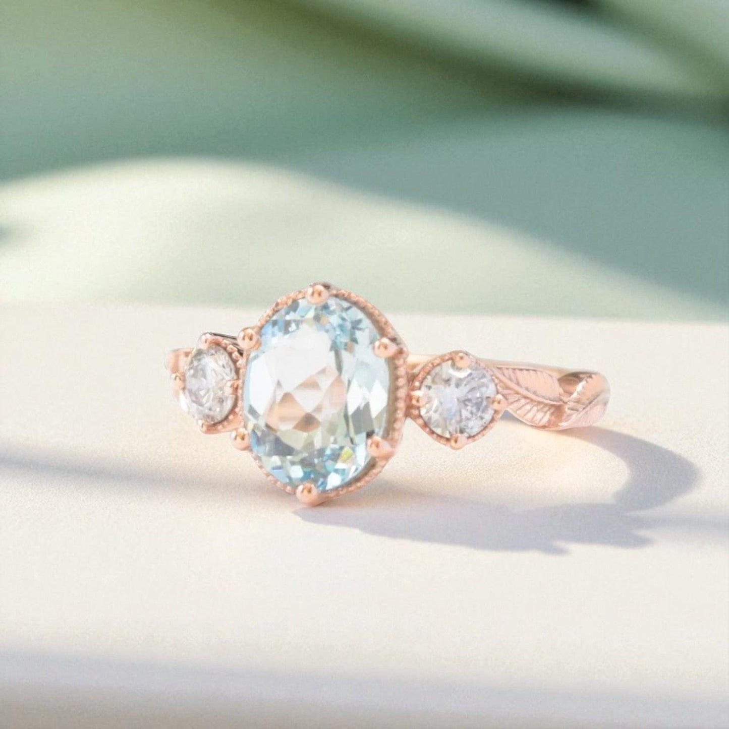 Oval Aquamarine Leaf Ring