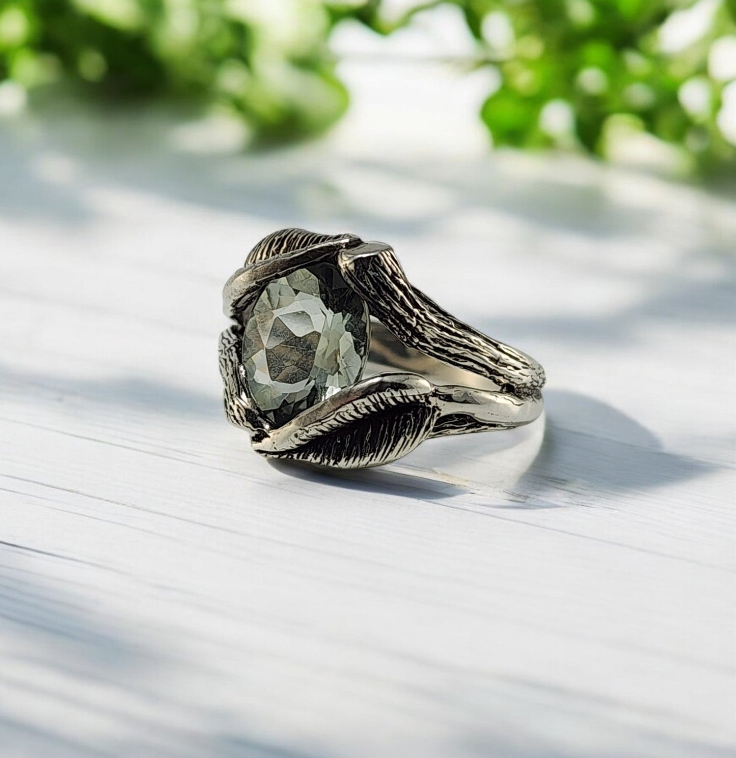 Oval Green Amethyst Gemstone Sterling Silver Ring