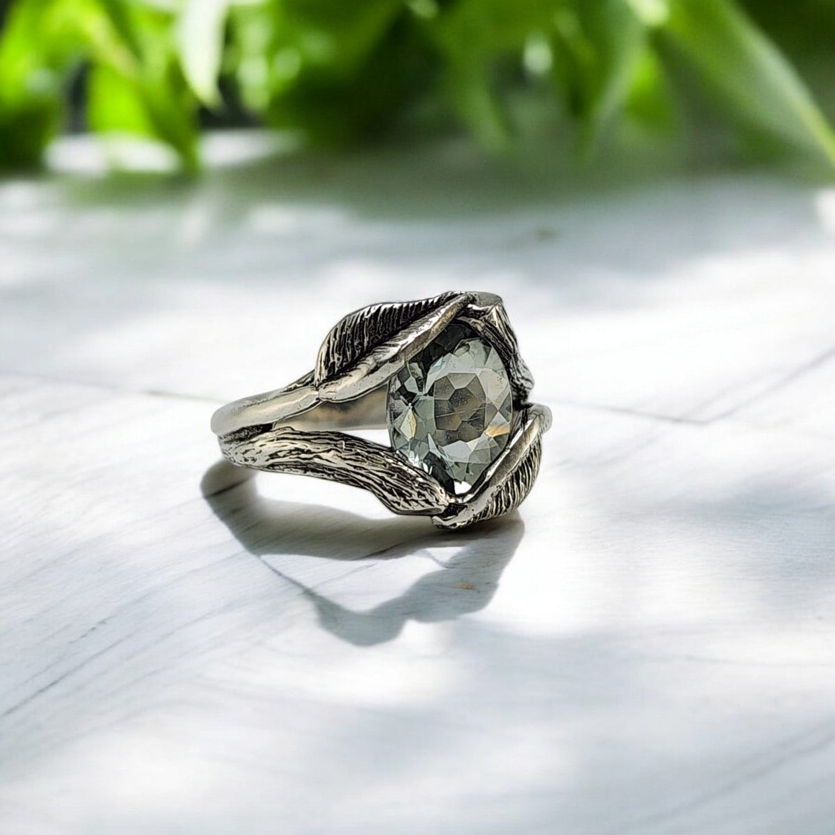 Oval Green Amethyst Gemstone Sterling Silver Ring
