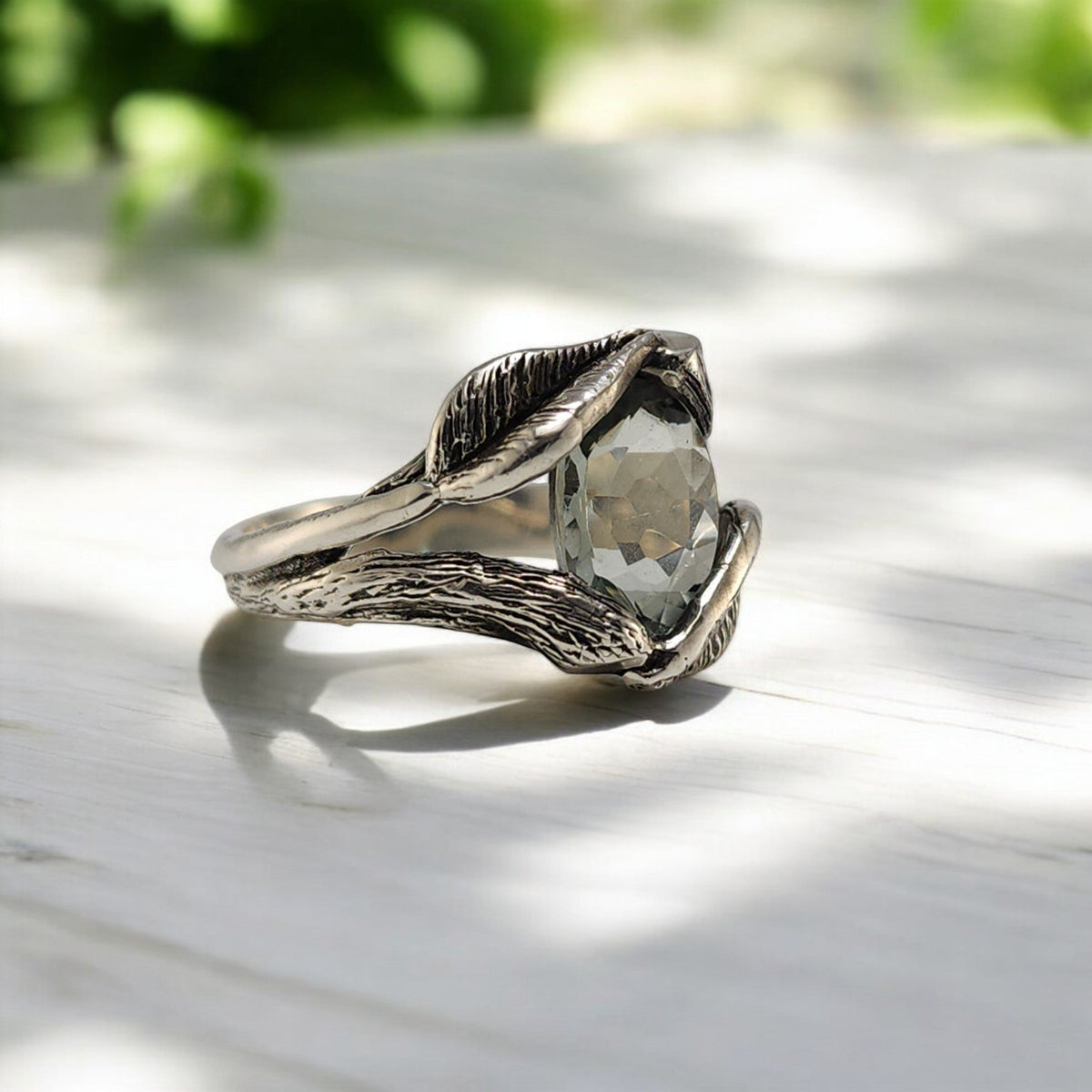 Oval Green Amethyst Gemstone Sterling Silver Ring