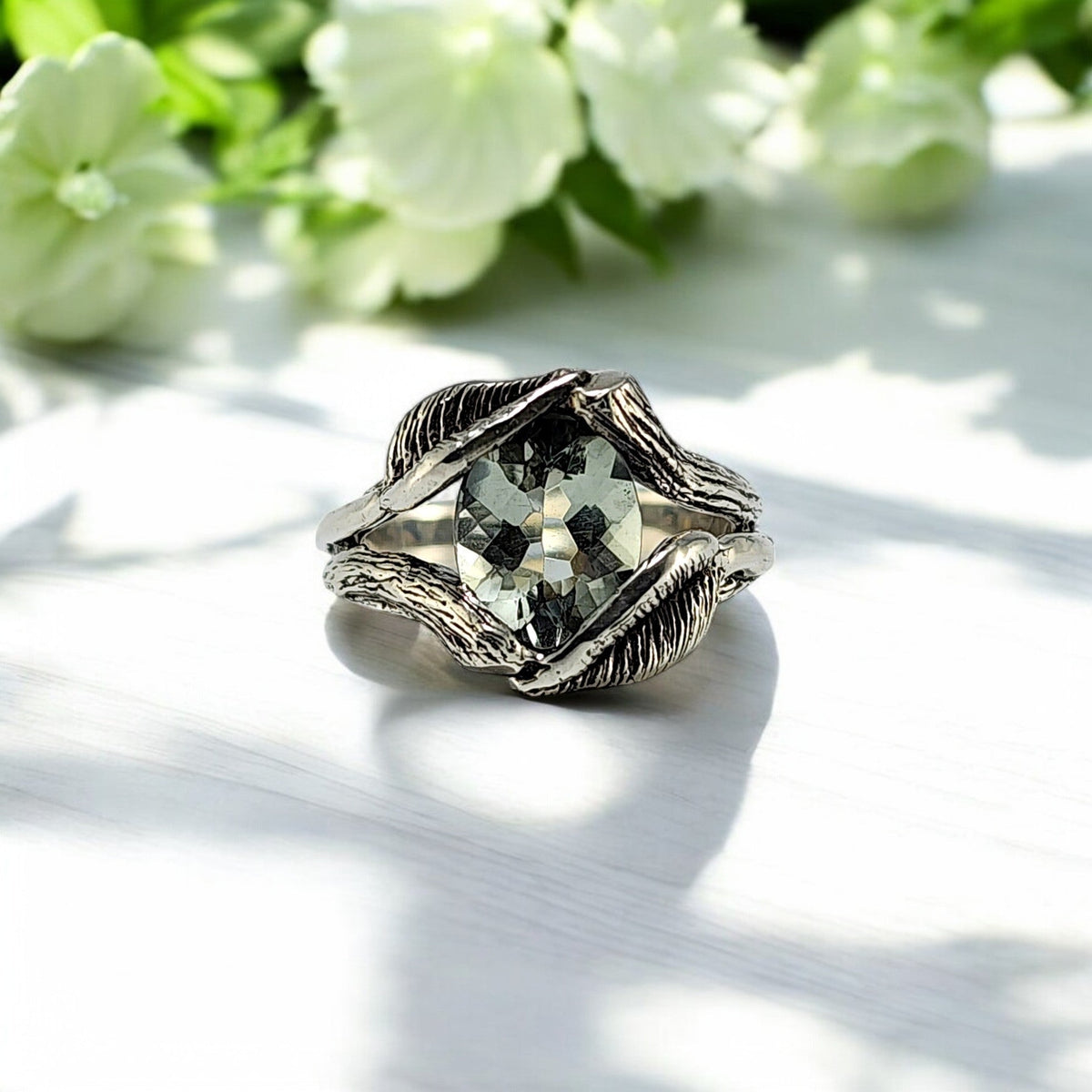 Oval Green Amethyst Gemstone Sterling Silver Ring