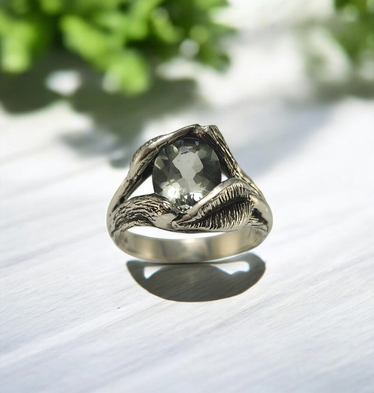 Oval Green Amethyst Gemstone Sterling Silver Ring