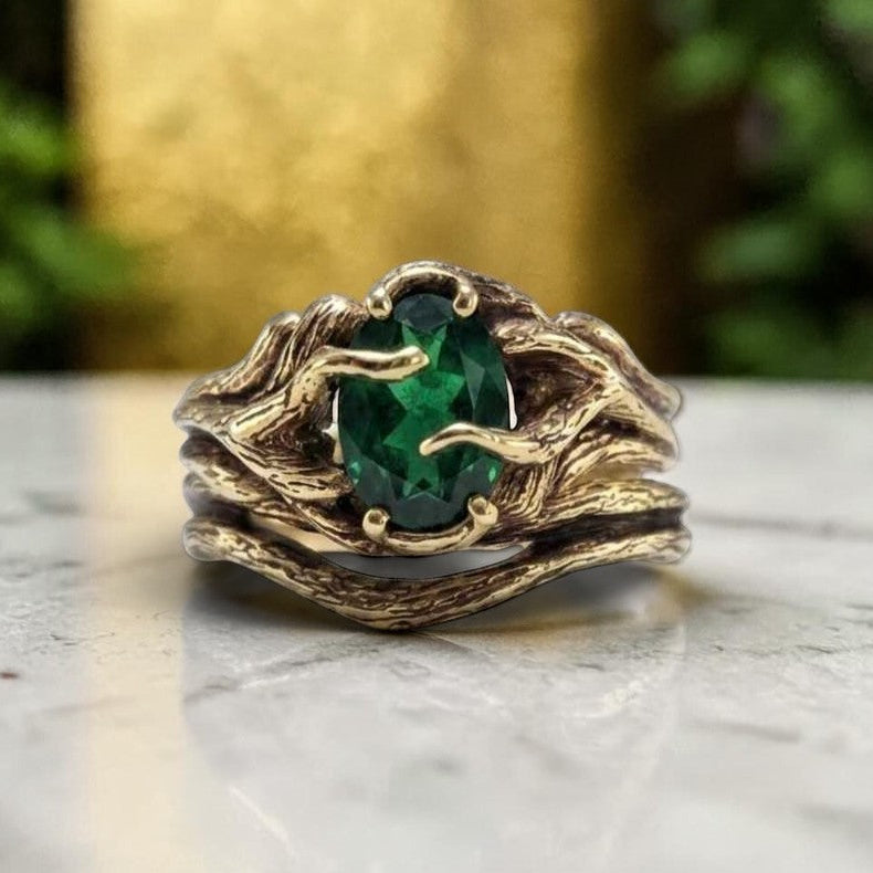 Oval Moissanite or Gemstone Twig Bridal Set in Solid Gold - Forest Collection
