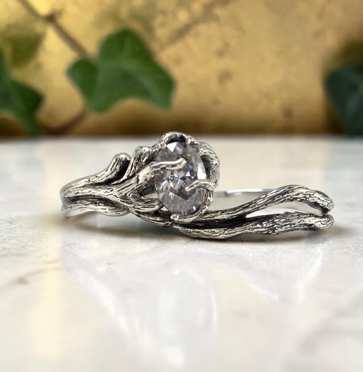 Oval Moissanite or Gemstone Twig Bridal Set in Solid Gold - Forest Collection