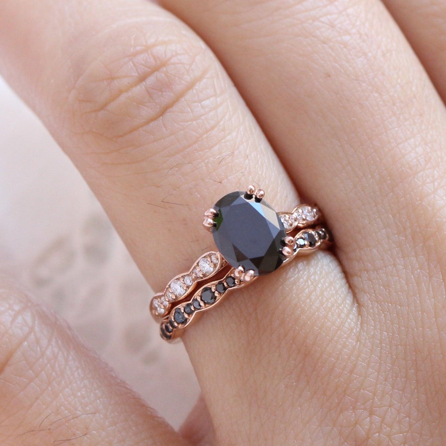 Nyx’s Shadow | Oval Black Diamond Bridal Set with Black Diamond Bands 2pcs