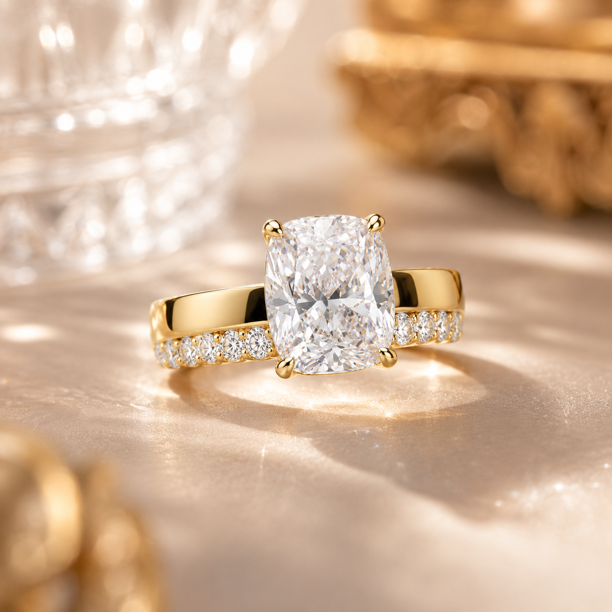 Cushion Cut Solitaire with Pavé Band Sterling Silver Bridal Set