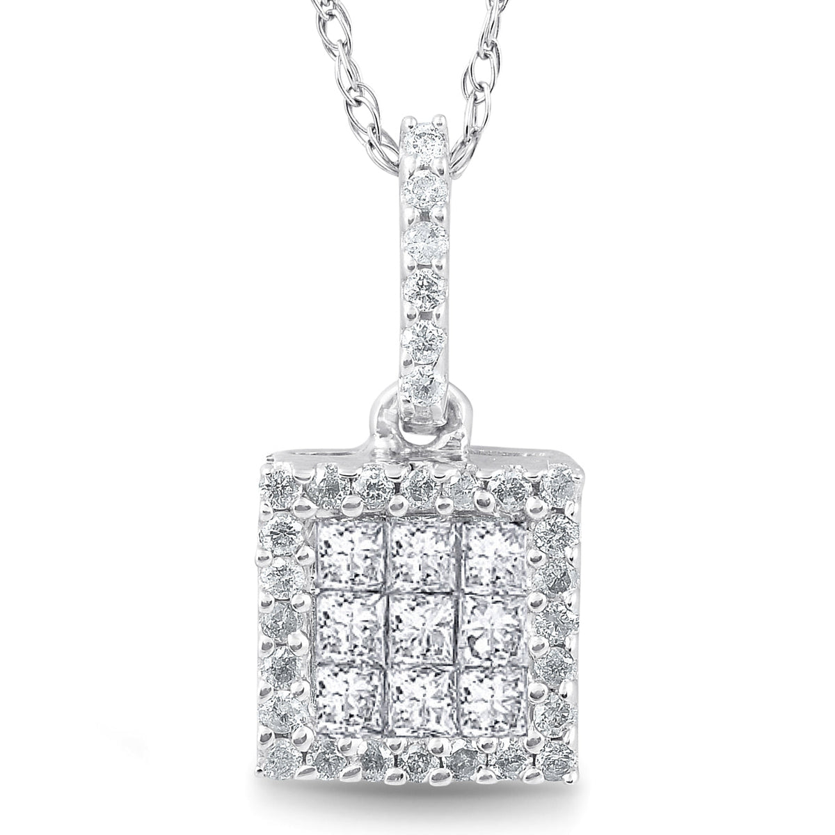 3/8 cttw Princess Cut Pave Diamond Halo Pendant 10K White Gold 3/4" Tall