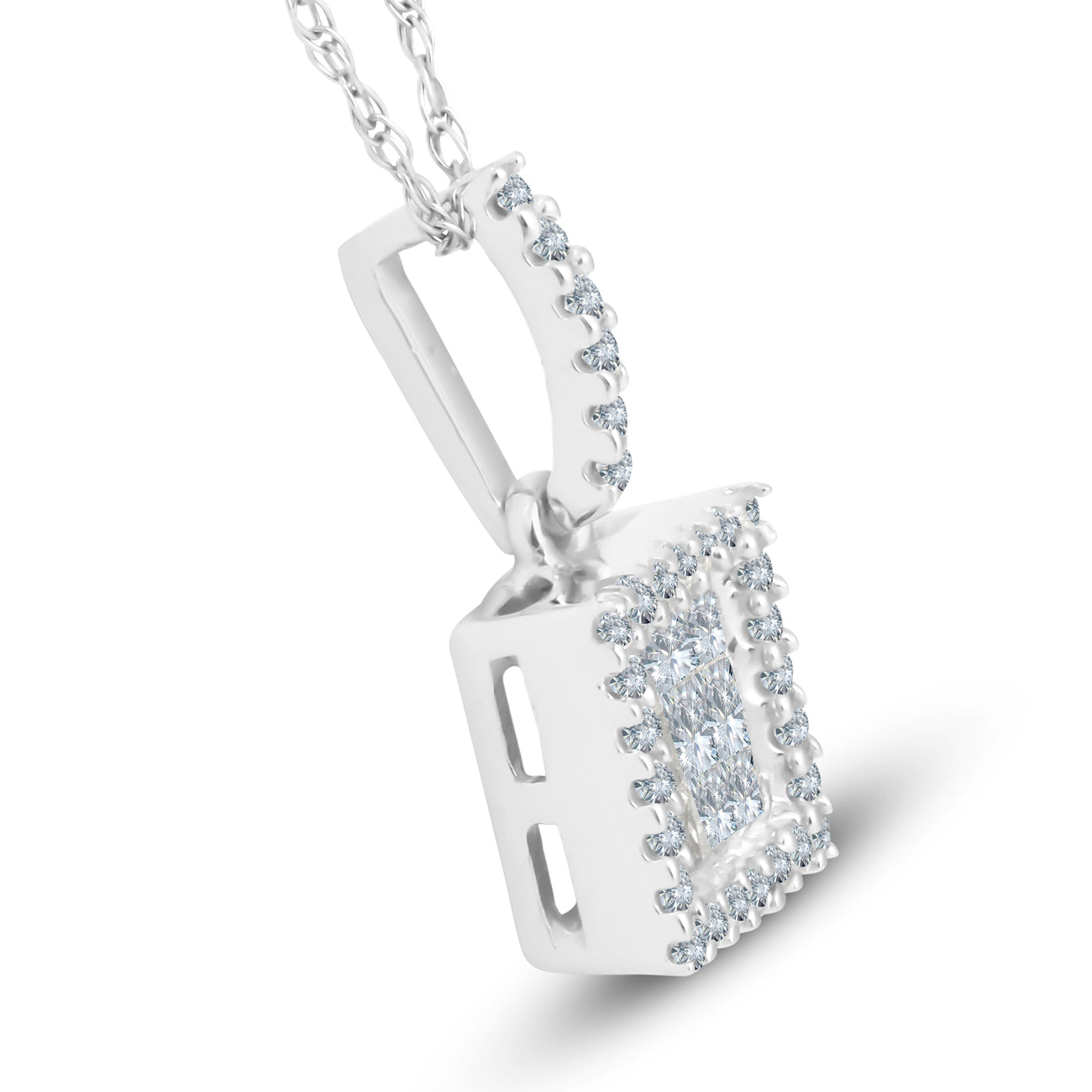 3/8 cttw Princess Cut Pave Diamond Halo Pendant 10K White Gold 3/4" Tall