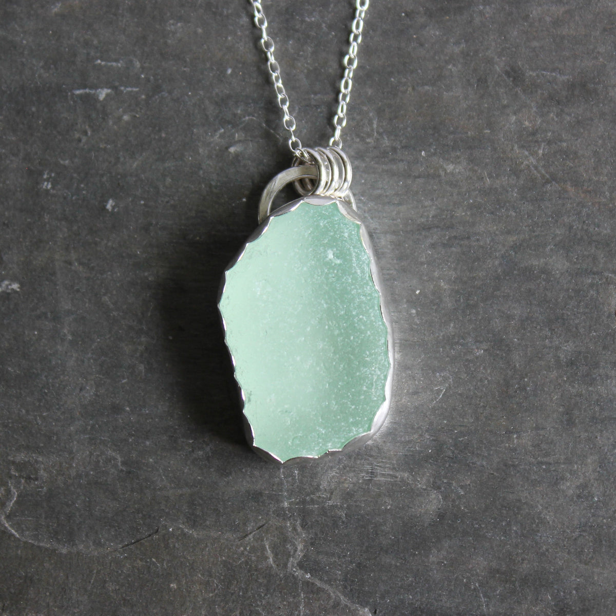 Pale Green Sea Glass Necklace • Handmade • Sterling Silver • Pastel Beach Jewelry for Her