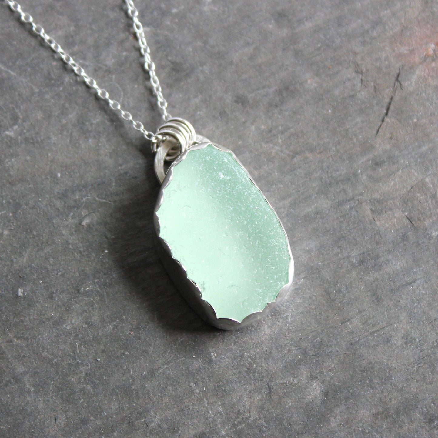 Pale Green Sea Glass Necklace • Handmade • Sterling Silver • Pastel Beach Jewelry for Her