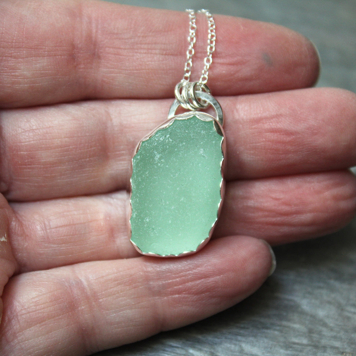 Pale Green Sea Glass Necklace • Handmade • Sterling Silver • Pastel Beach Jewelry for Her