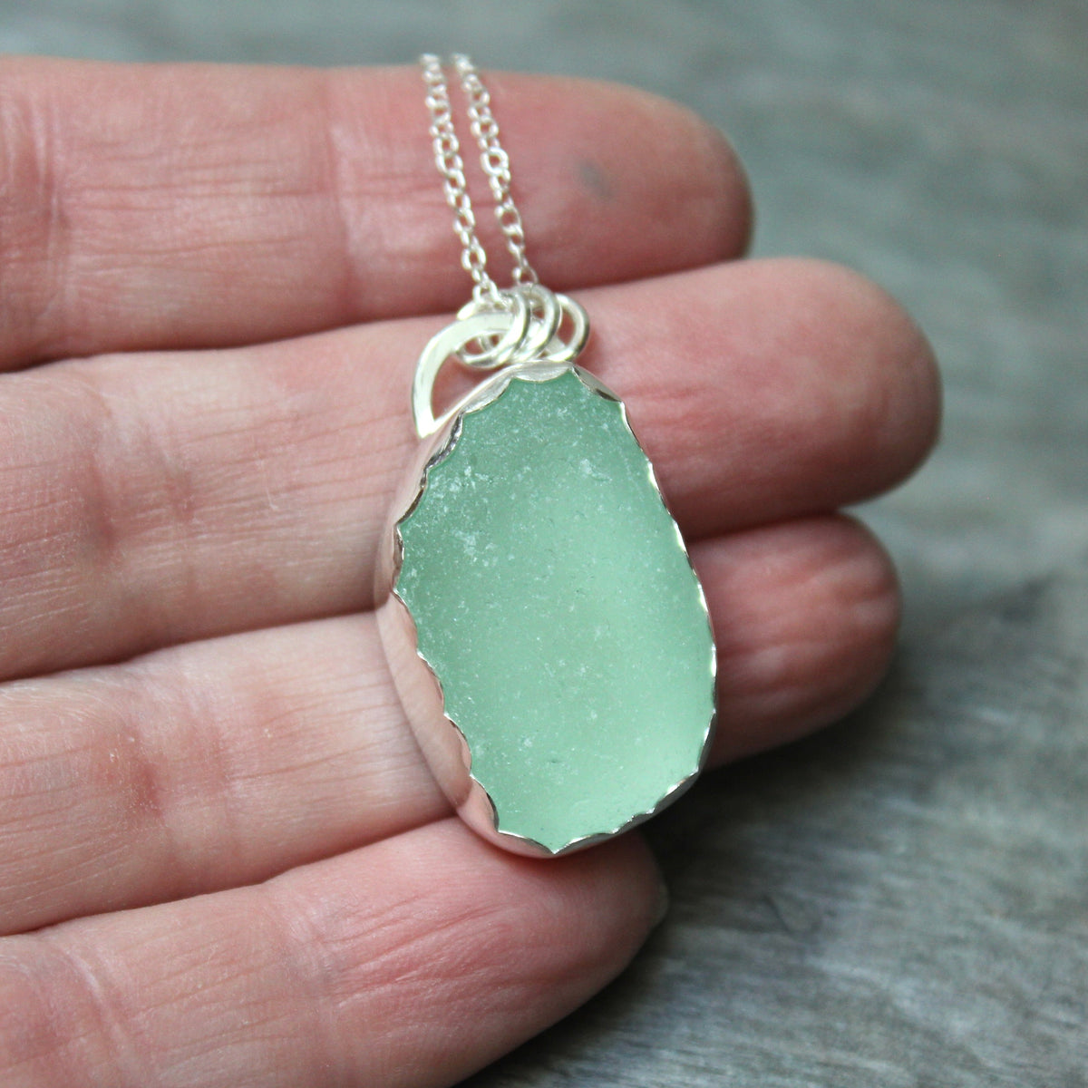 Pale Green Sea Glass Necklace • Handmade • Sterling Silver • Pastel Beach Jewelry for Her