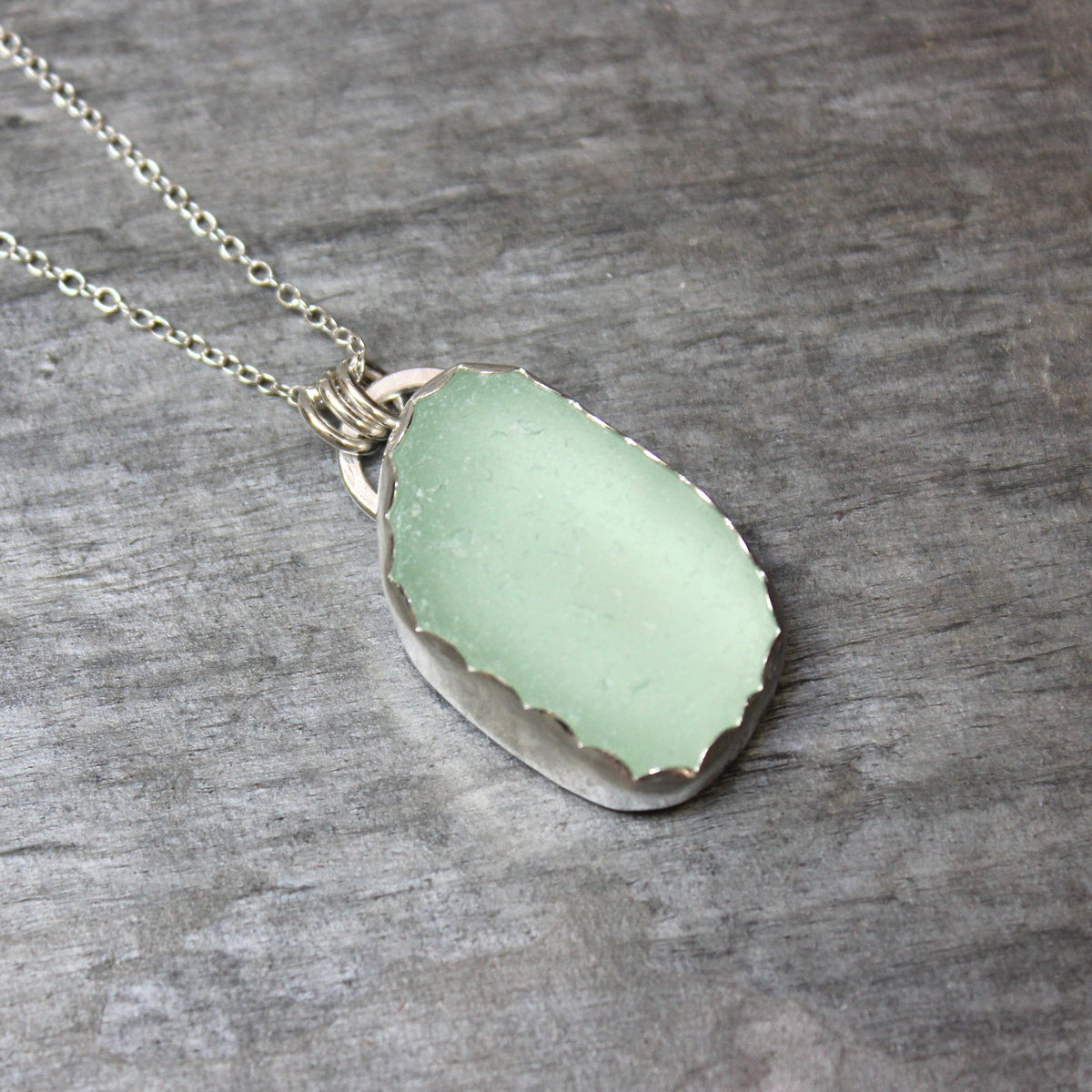 Pale Green Sea Glass Necklace • Handmade • Sterling Silver • Pastel Beach Jewelry for Her