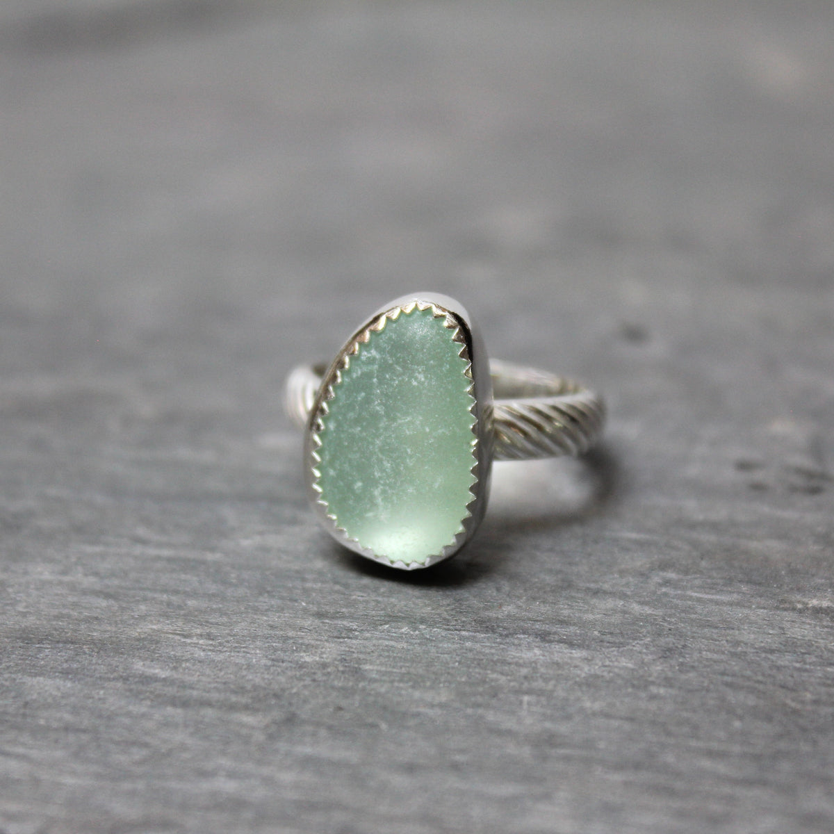 Light Green Sea Glass Statement Ring • Sterling Silver • Handmade • Beach Jewelry for Her • Size 10