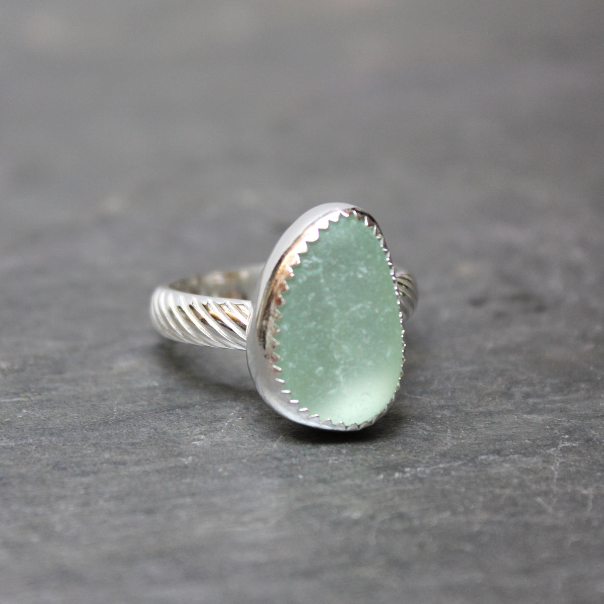 Light Green Sea Glass Statement Ring • Sterling Silver • Handmade • Beach Jewelry for Her • Size 10