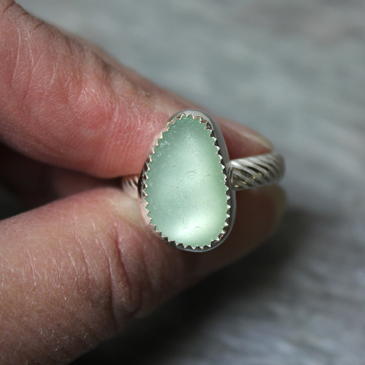 Light Green Sea Glass Statement Ring • Sterling Silver • Handmade • Beach Jewelry for Her • Size 10