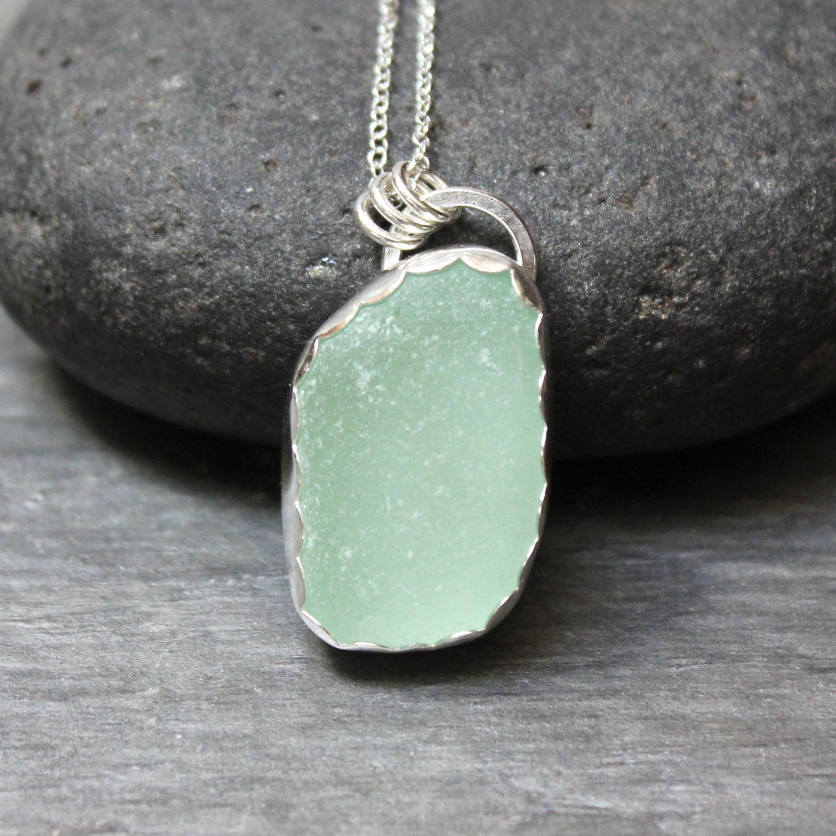 Pale Green Sea Glass Necklace • Handmade • Sterling Silver • Pastel Beach Jewelry for Her