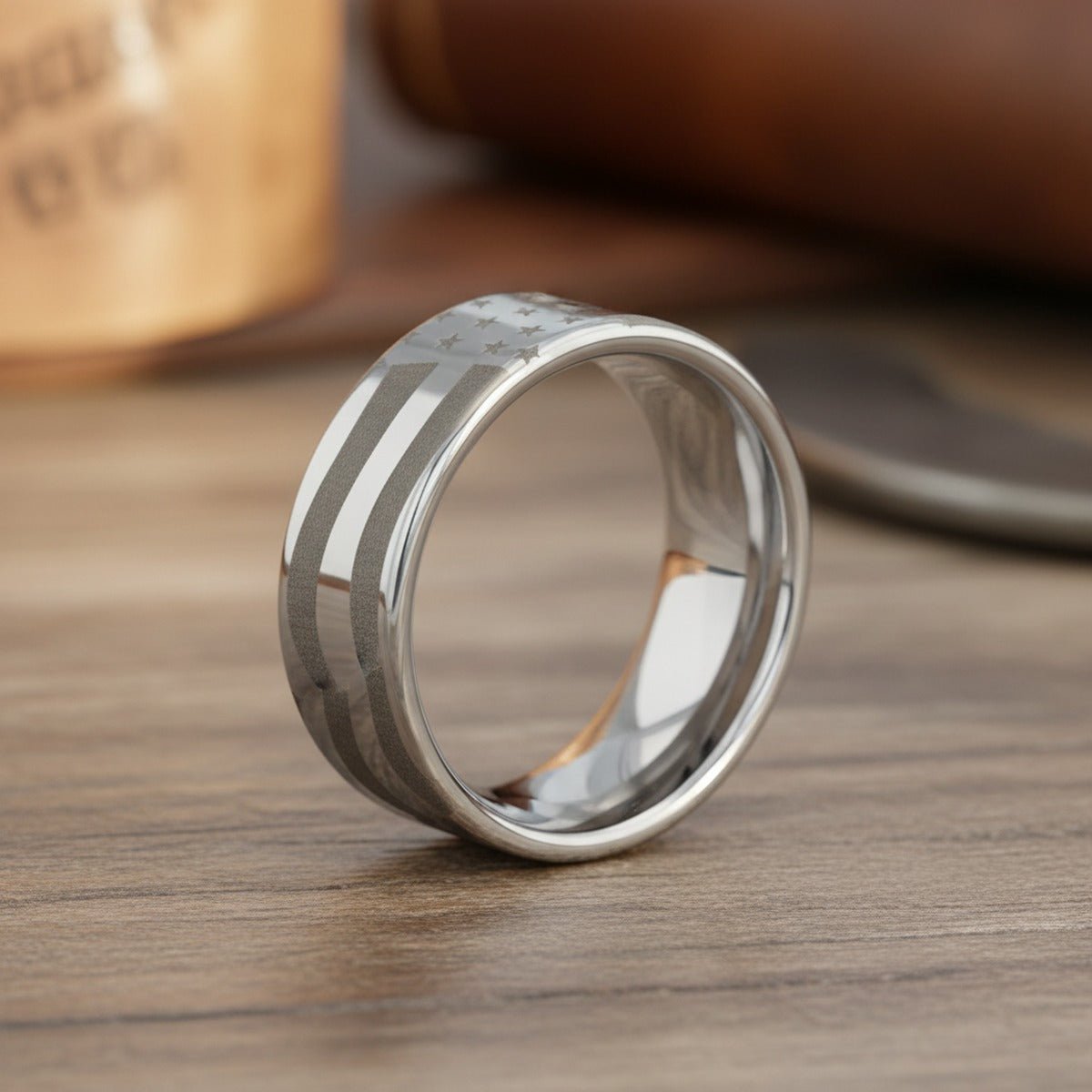 PATRIOT | U.S. Flag Engraved Tungsten Ring, Flat Pipe Cut