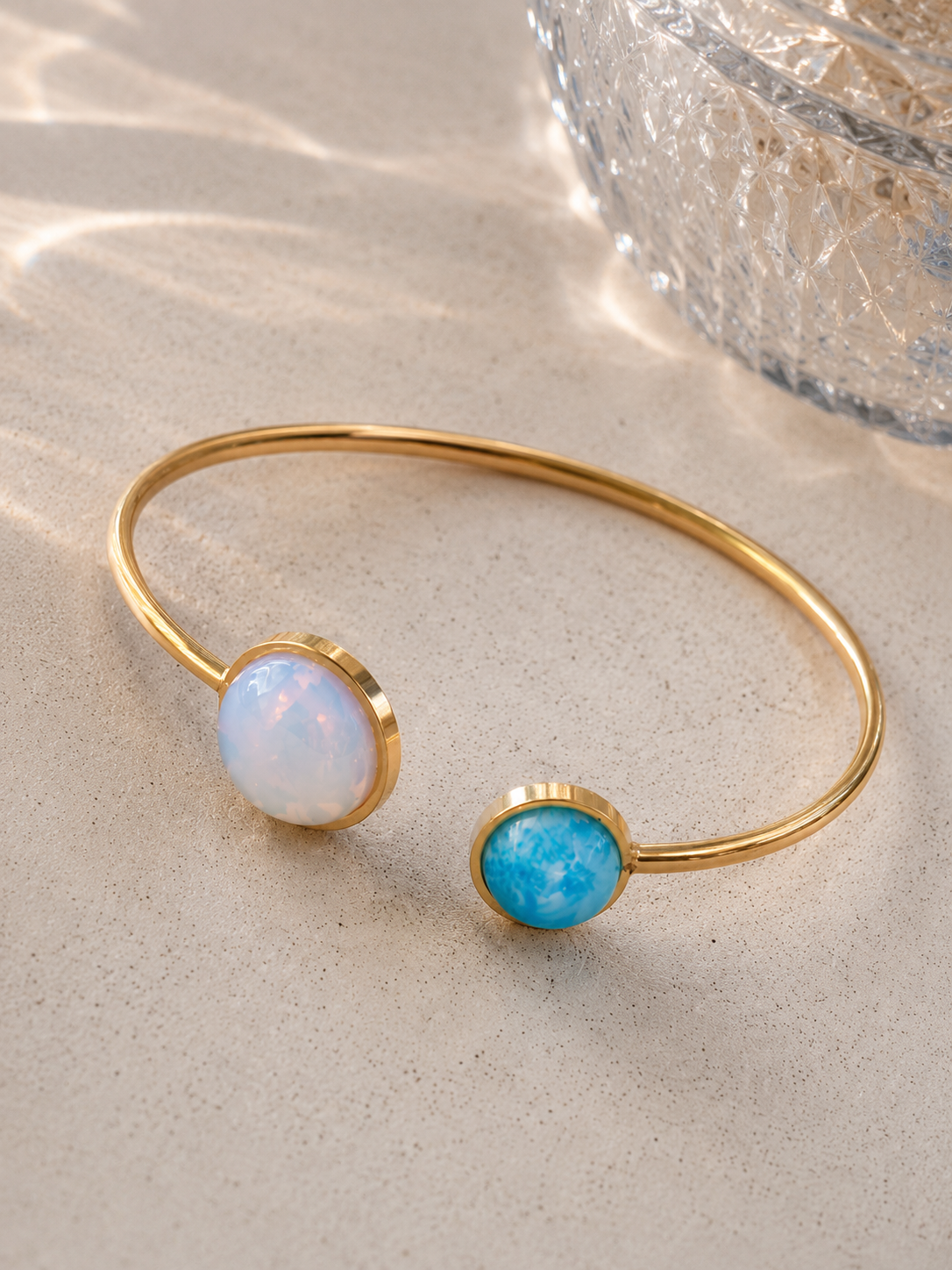 Bracelet Jonc Lagune | Opale Irisée & Larimar Turquoise – Plaqué Or 24k - Univers Larimar