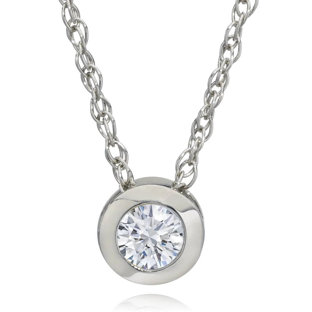 1/4Ct Natural Diamond Bezel Solitaire Pendant 14k White Gold 18" Necklace
