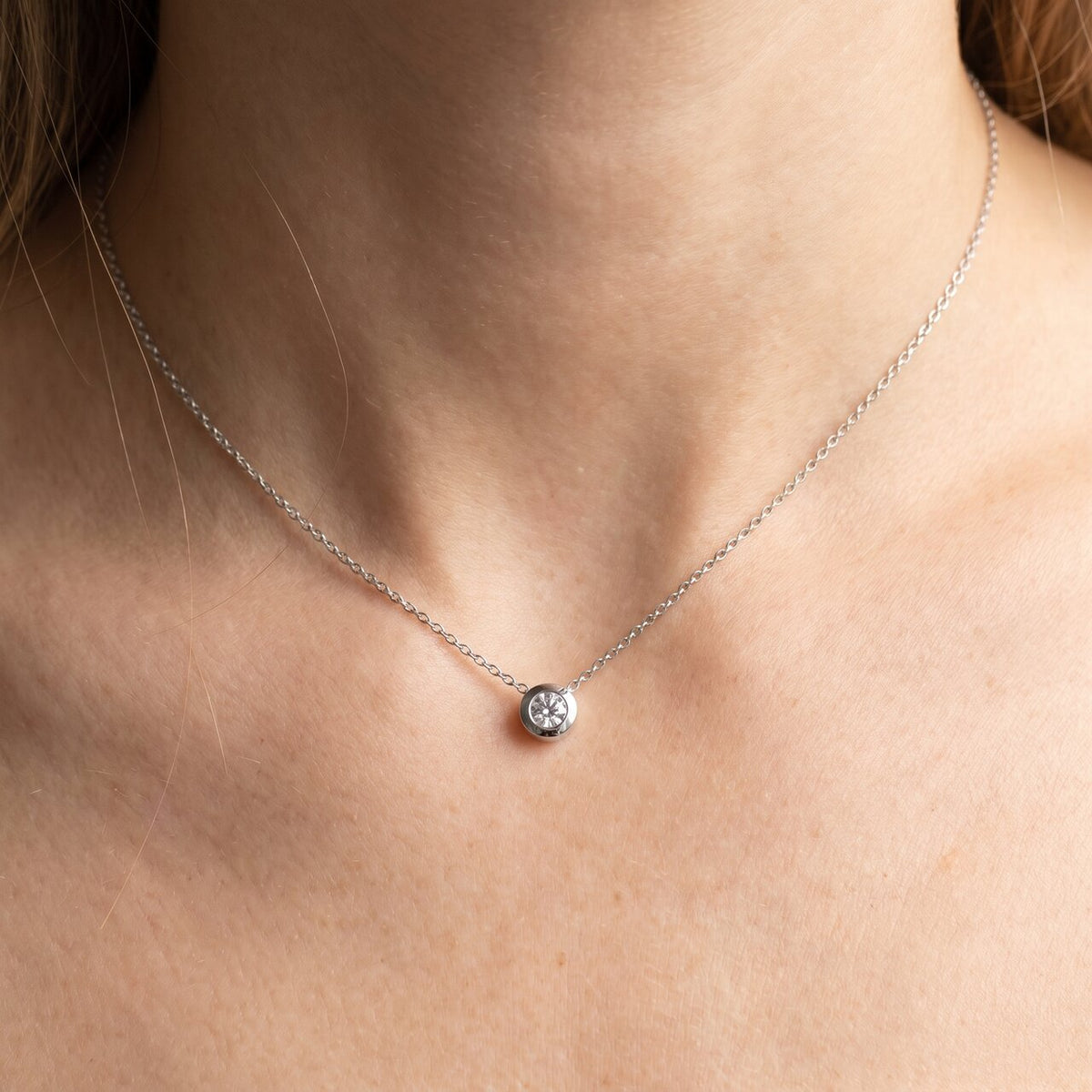 1/4Ct Natural Diamond Bezel Solitaire Pendant 14k White Gold 18" Necklace