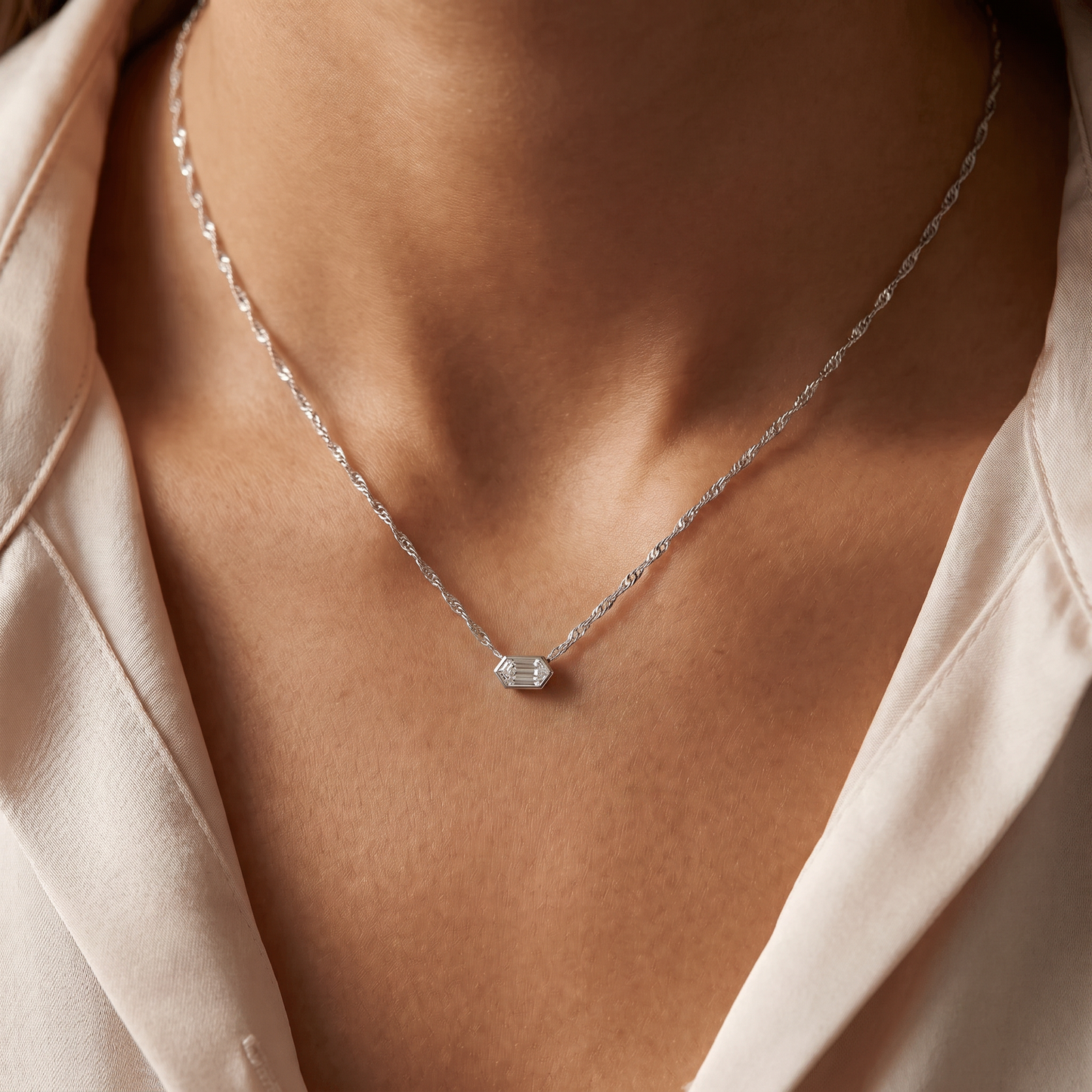 Certified 3/4Ct Long Hexagon Bezel Diamond East West Pendant Necklace Lab Grown