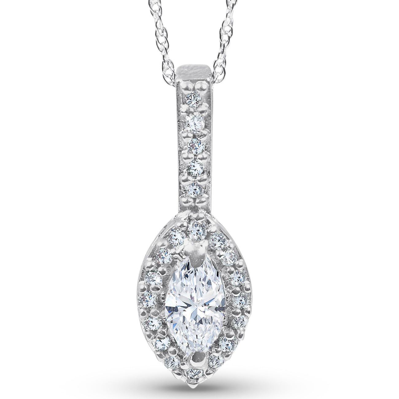 1/2CT Marquise Halo Pave Lab Grown Diamond Solitaire Pendant 14K White Gold
