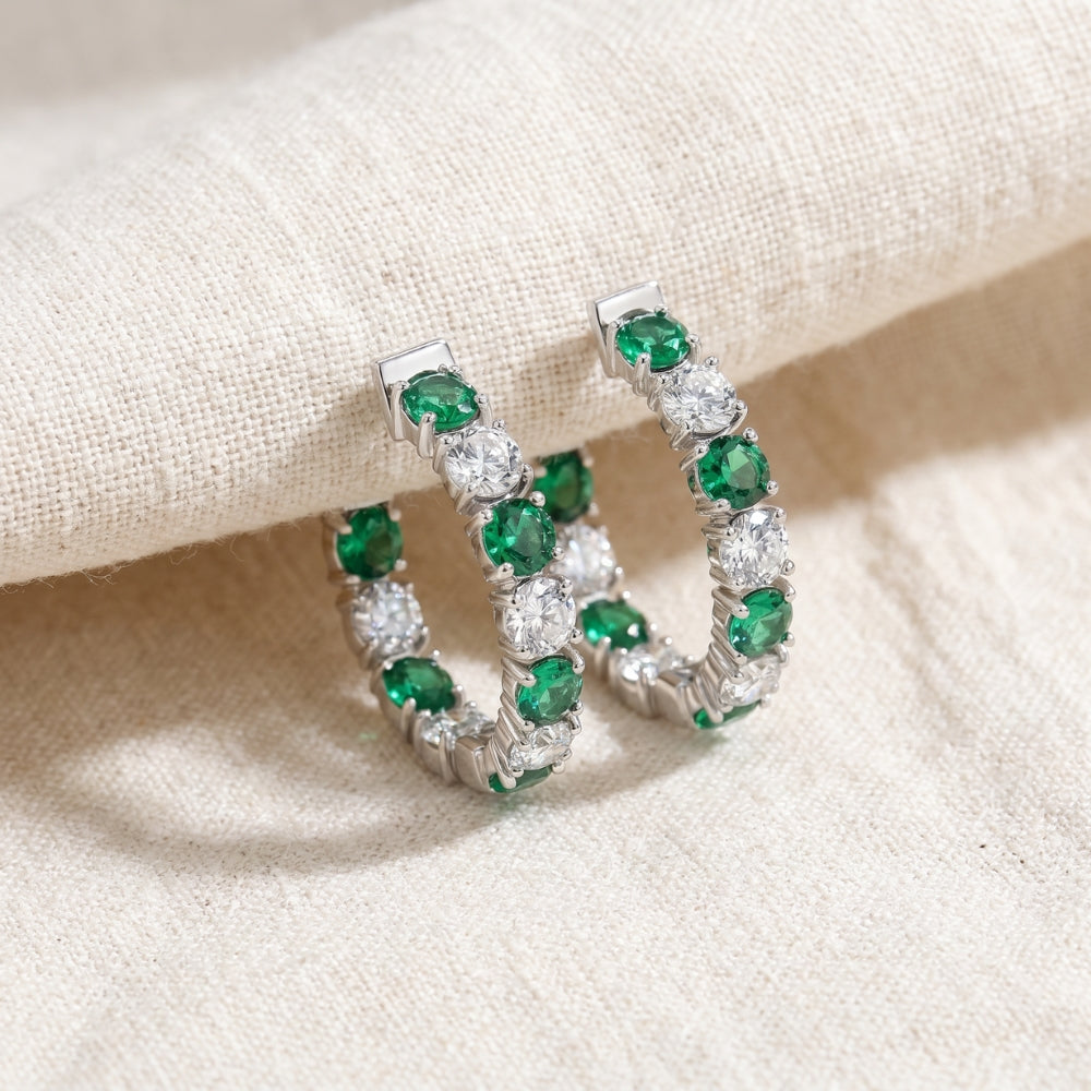 4 1/2Ct Emerald & Diamond Hoops White or Yellow Gold Lab Grown 1" Tall