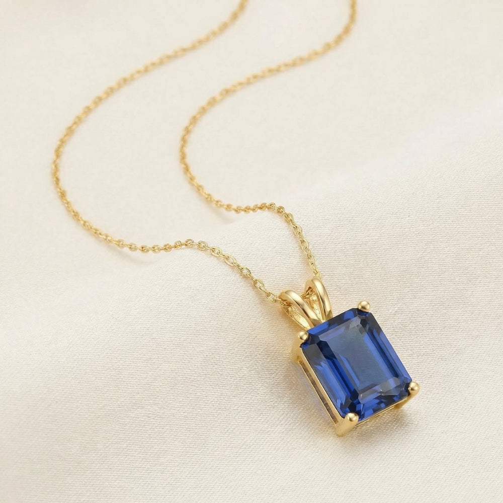 7 1/2Ct Blue Sapphire Diamond Solitaire Pendant 14k Gold Necklace Lab Grown