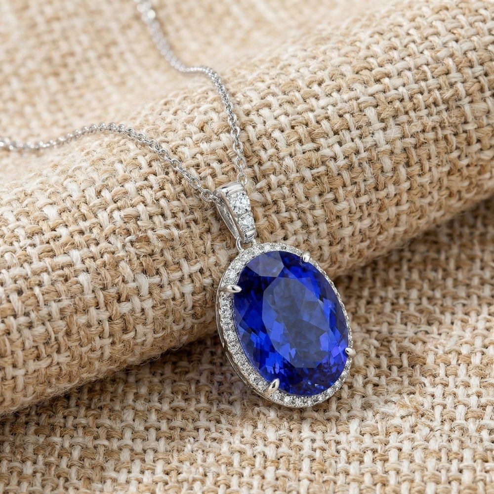 5 Ct TW Oval Tanzanite & Lab Grown Diamond Halo Pendant 14k White Gold Necklace