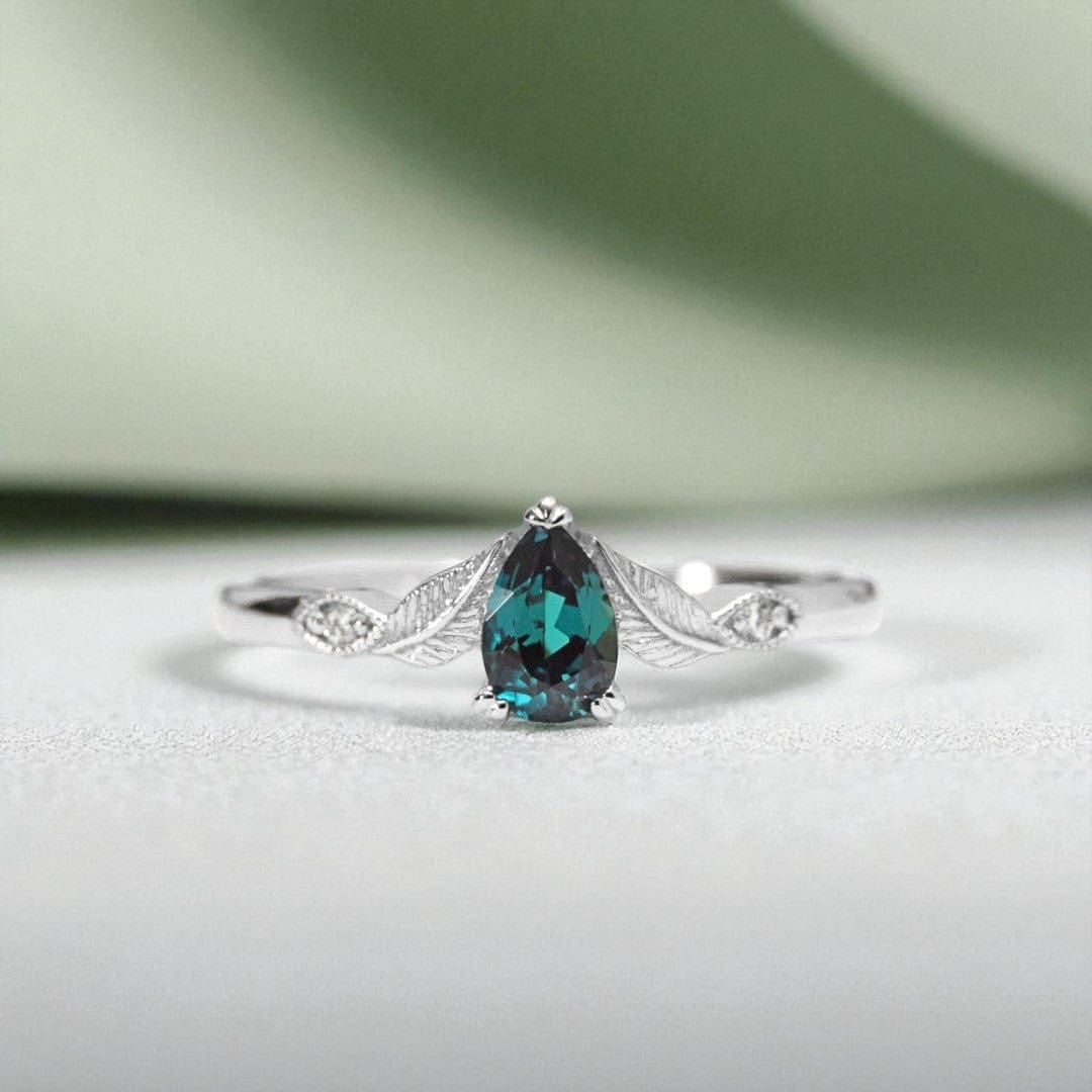 Pear Alexandrite Leaf Engagement Ring