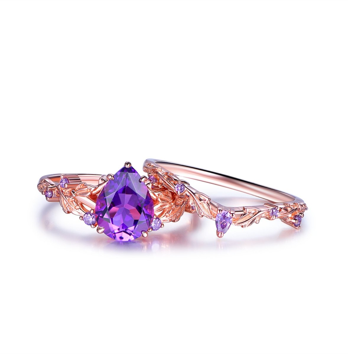 Pear Amethyst Vine Ring Art Deco Bridal Set 14K Gold