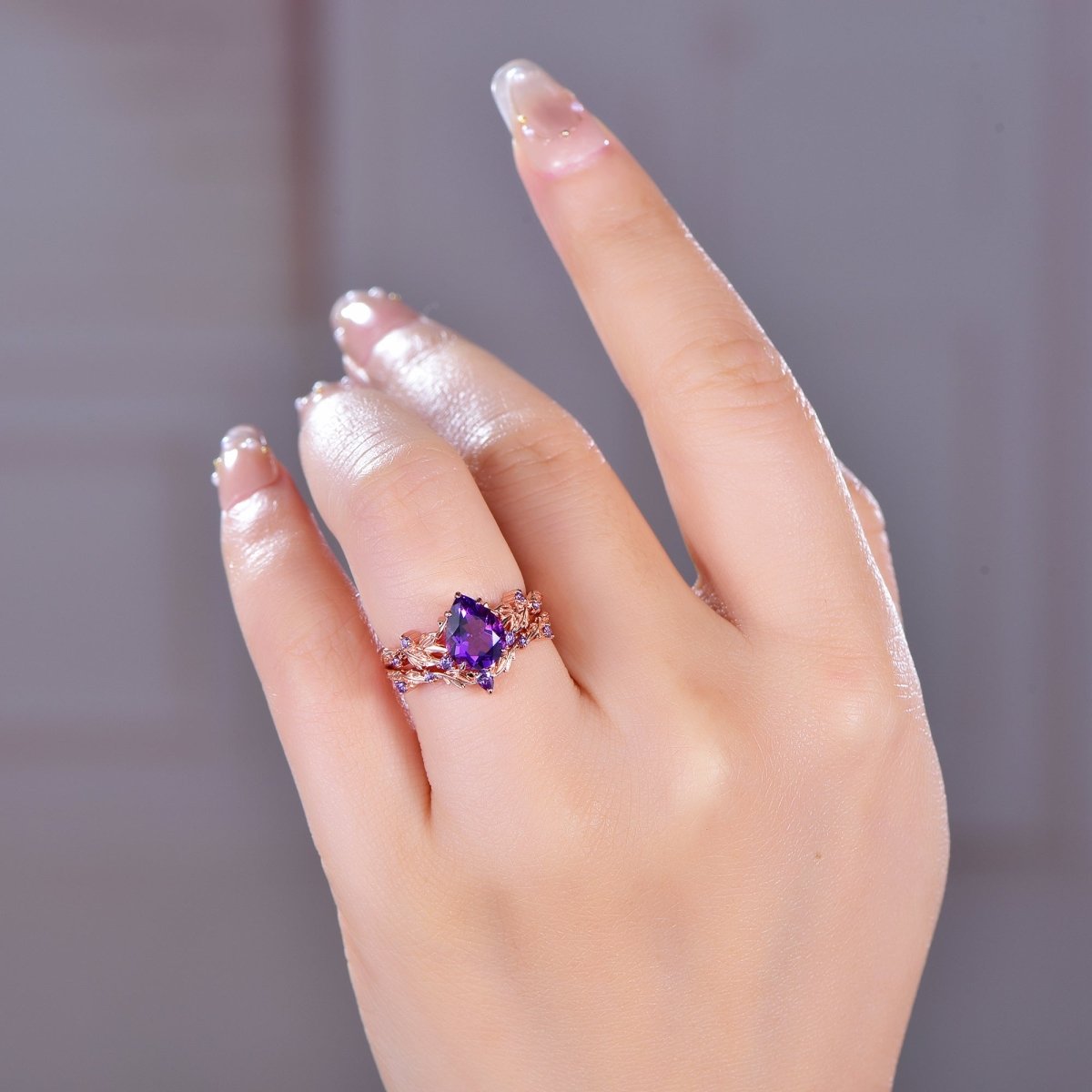 Pear Amethyst Vine Ring Art Deco Bridal Set 14K Gold