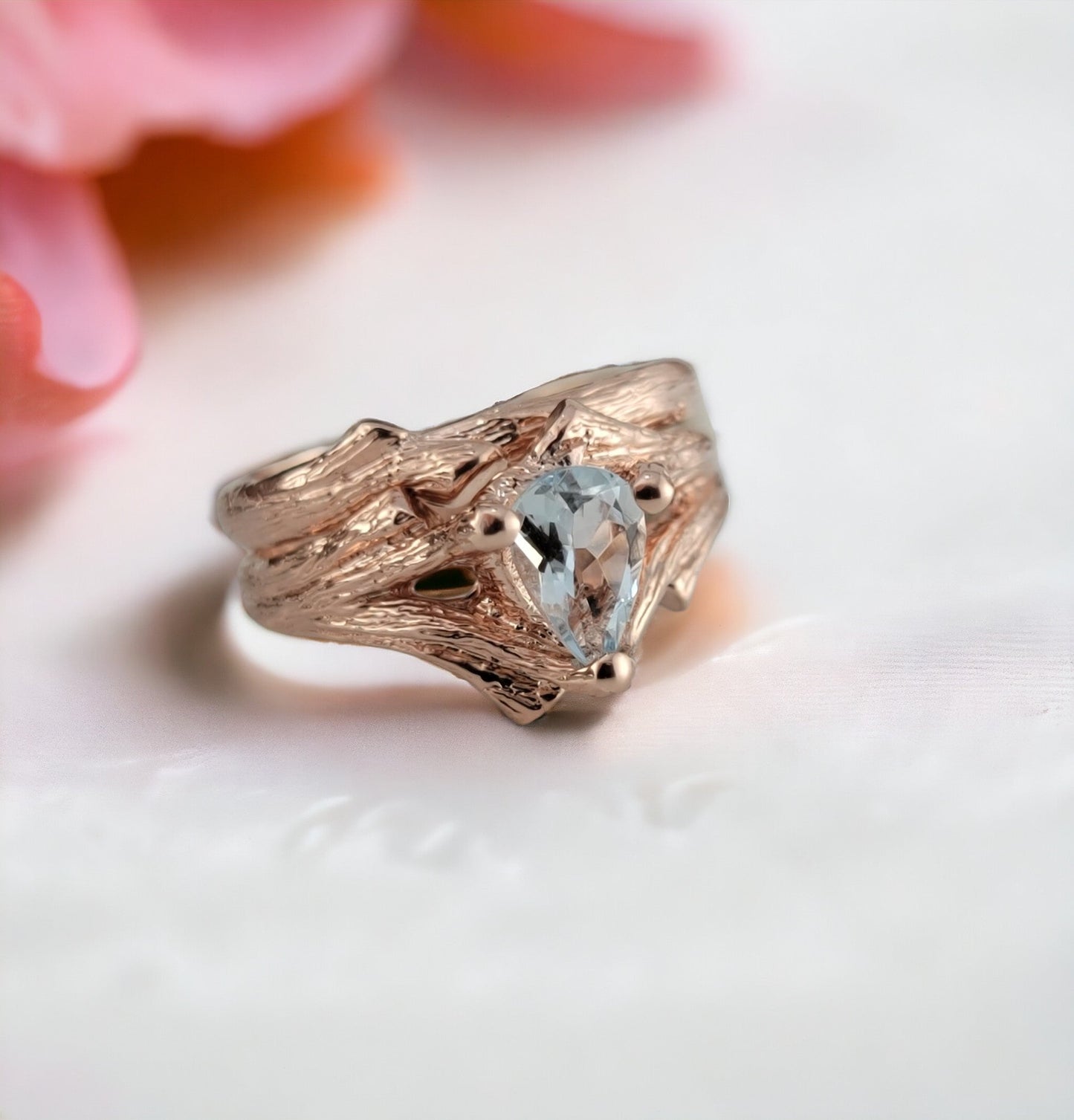 Pear Shaped Aquamarine Twig Engagement Ring or Wedding Set