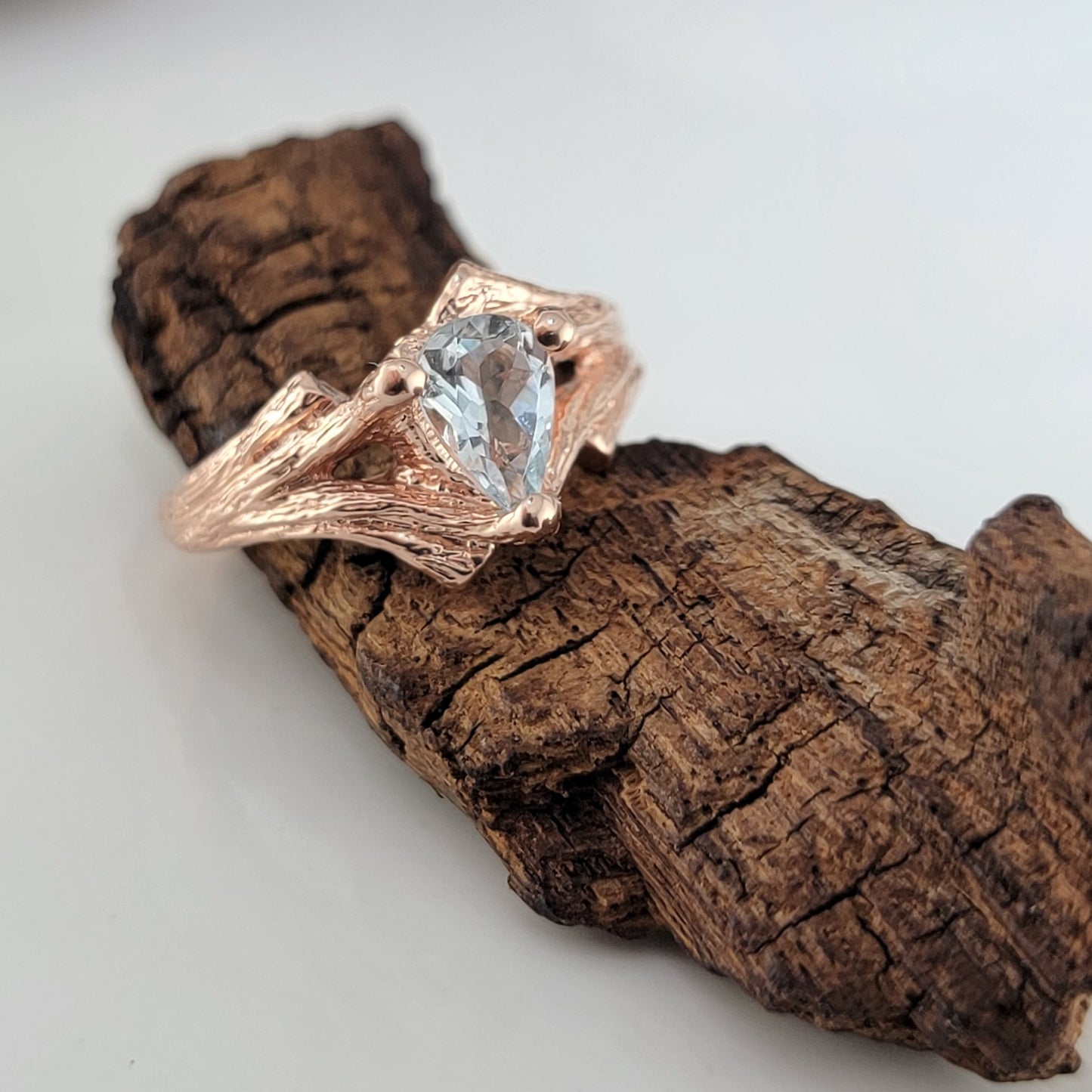 Pear Shaped Aquamarine Twig Engagement Ring or Wedding Set