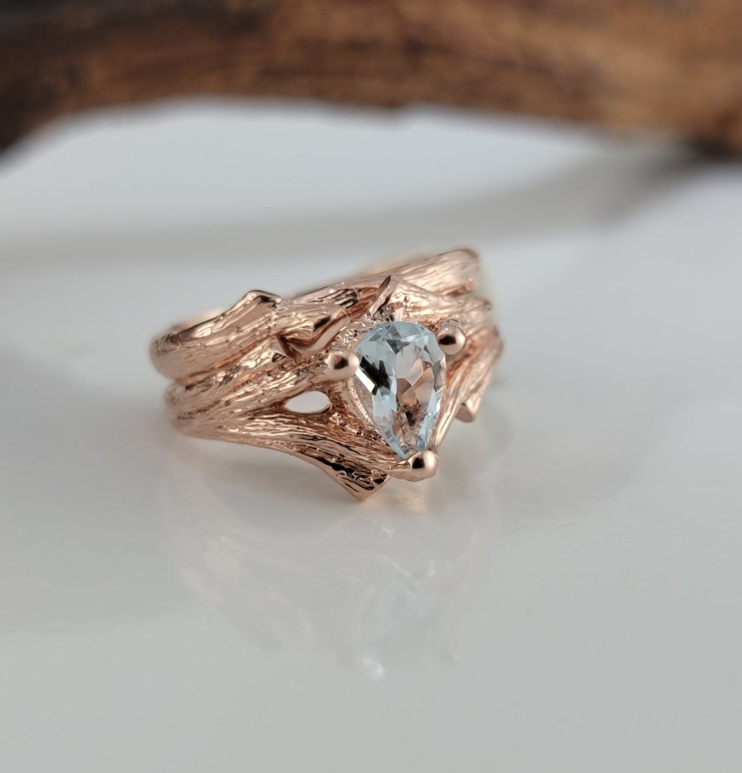 Pear Shaped Aquamarine Twig Engagement Ring or Wedding Set