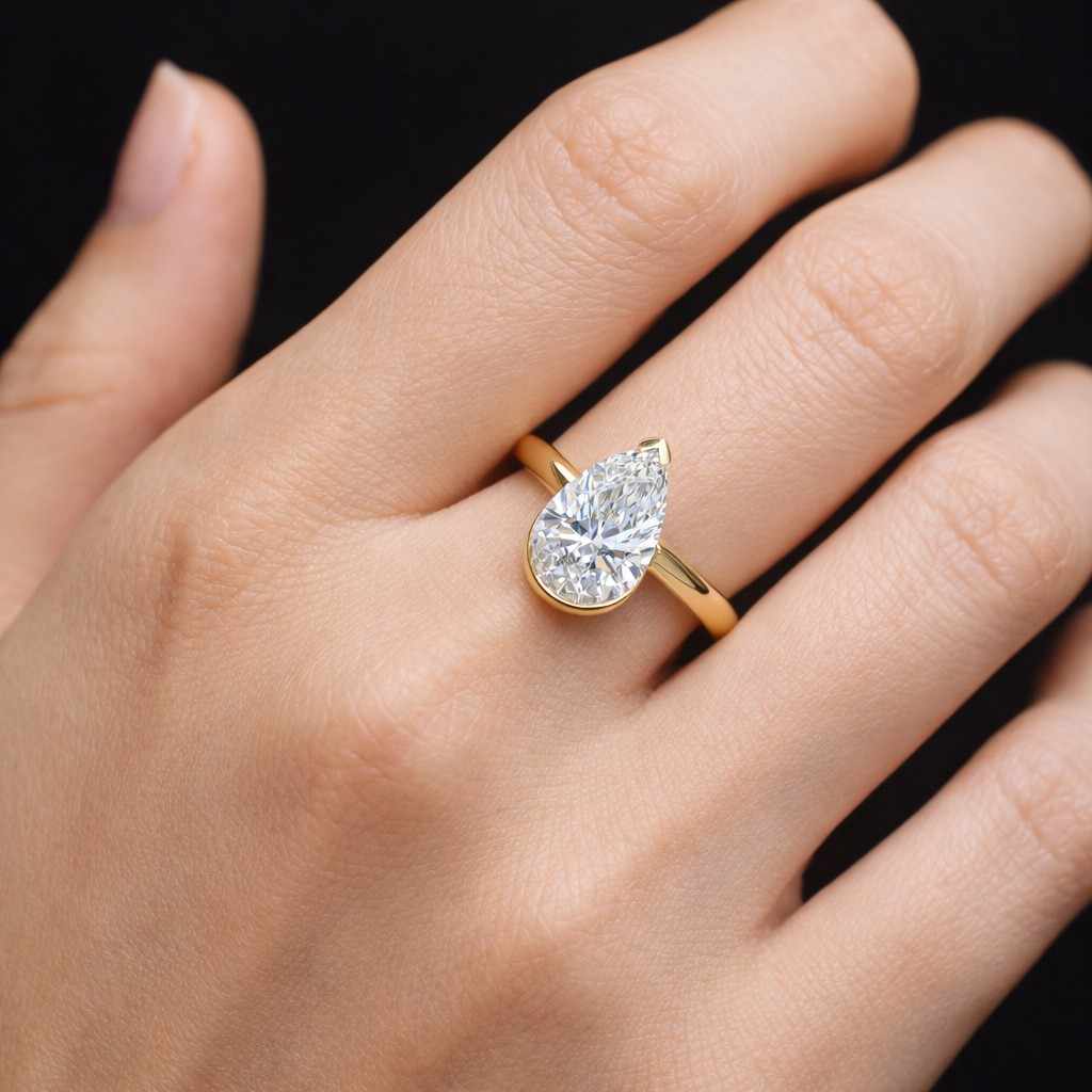 Pear Cut Half Bezel Set Lab Grown Diamond Engagement Ring in 14K Gold