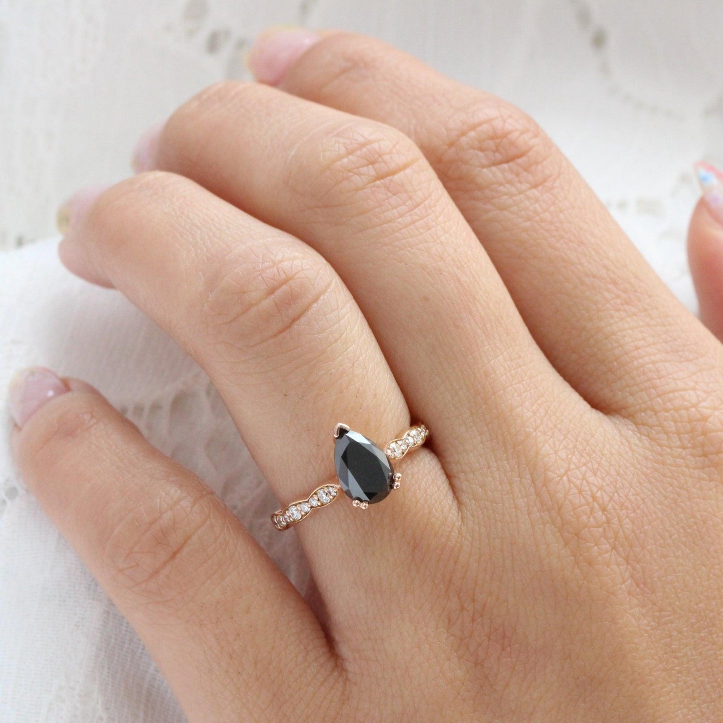 Grace’s Scallop | Pear Black Diamond Solitaire Engagement Ring