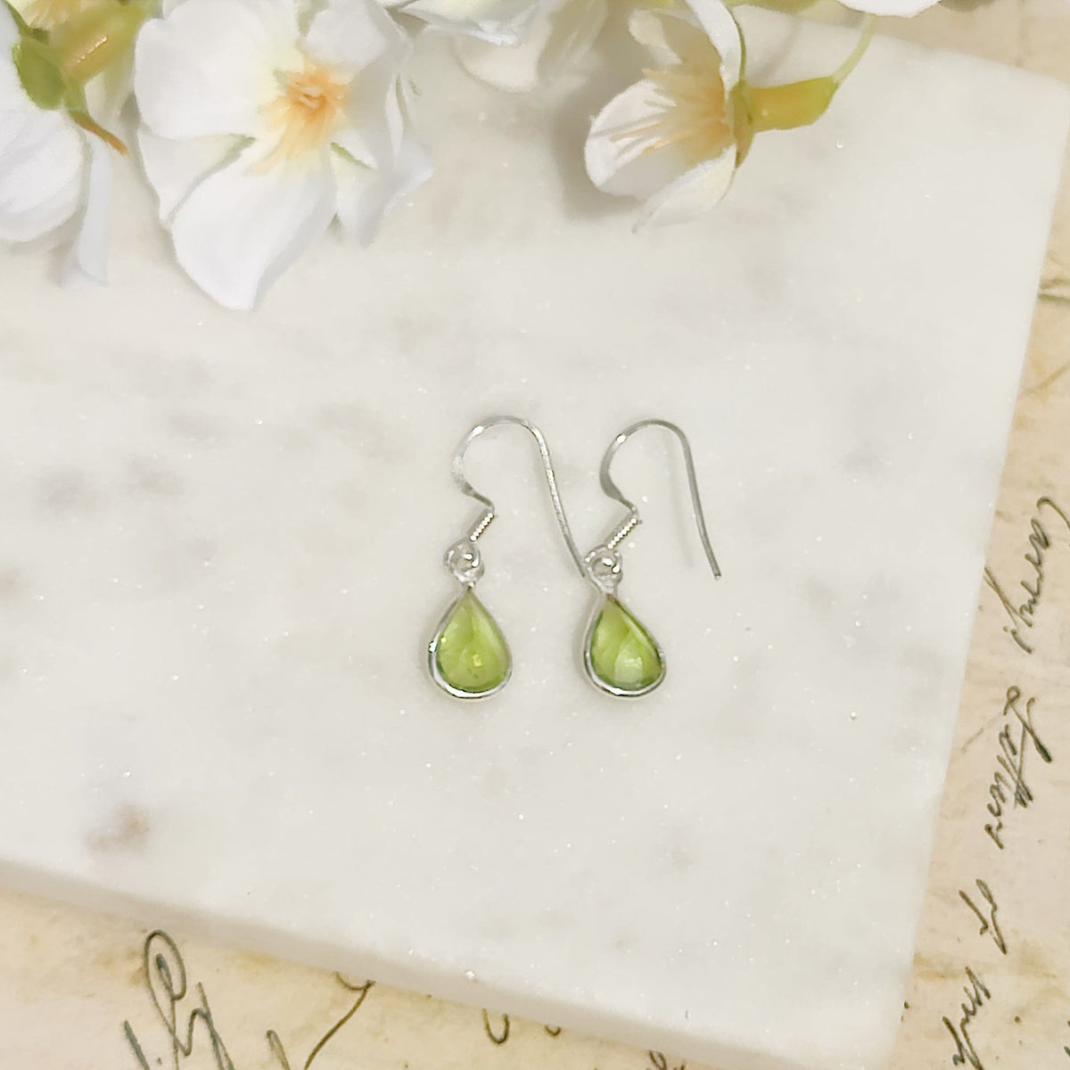 Peridot Drop Earrings | Pear | 16th Anniversary gift | Sterling Silver