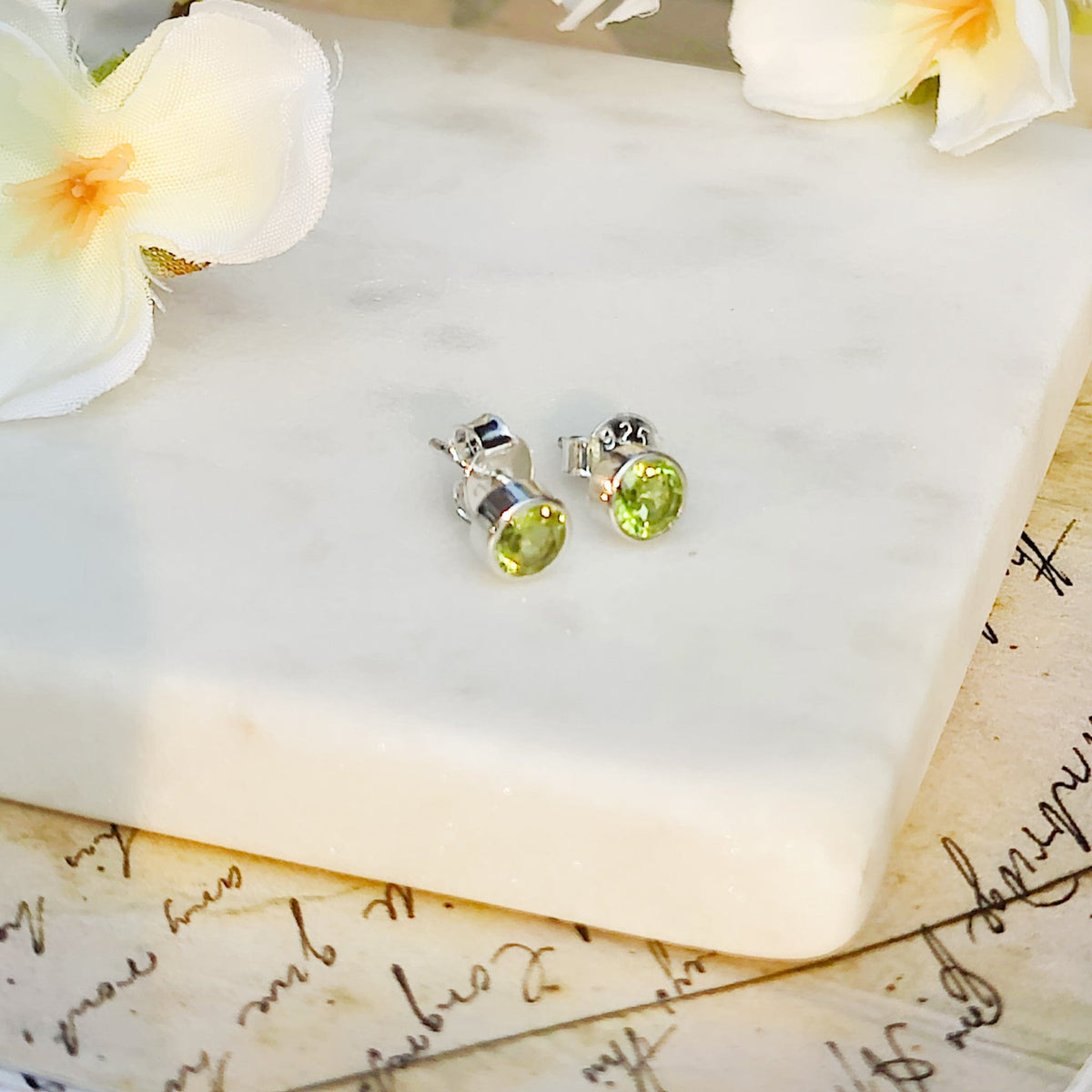 Peridot Earrings | Round Stud | August Birthstone | Sterling Silver