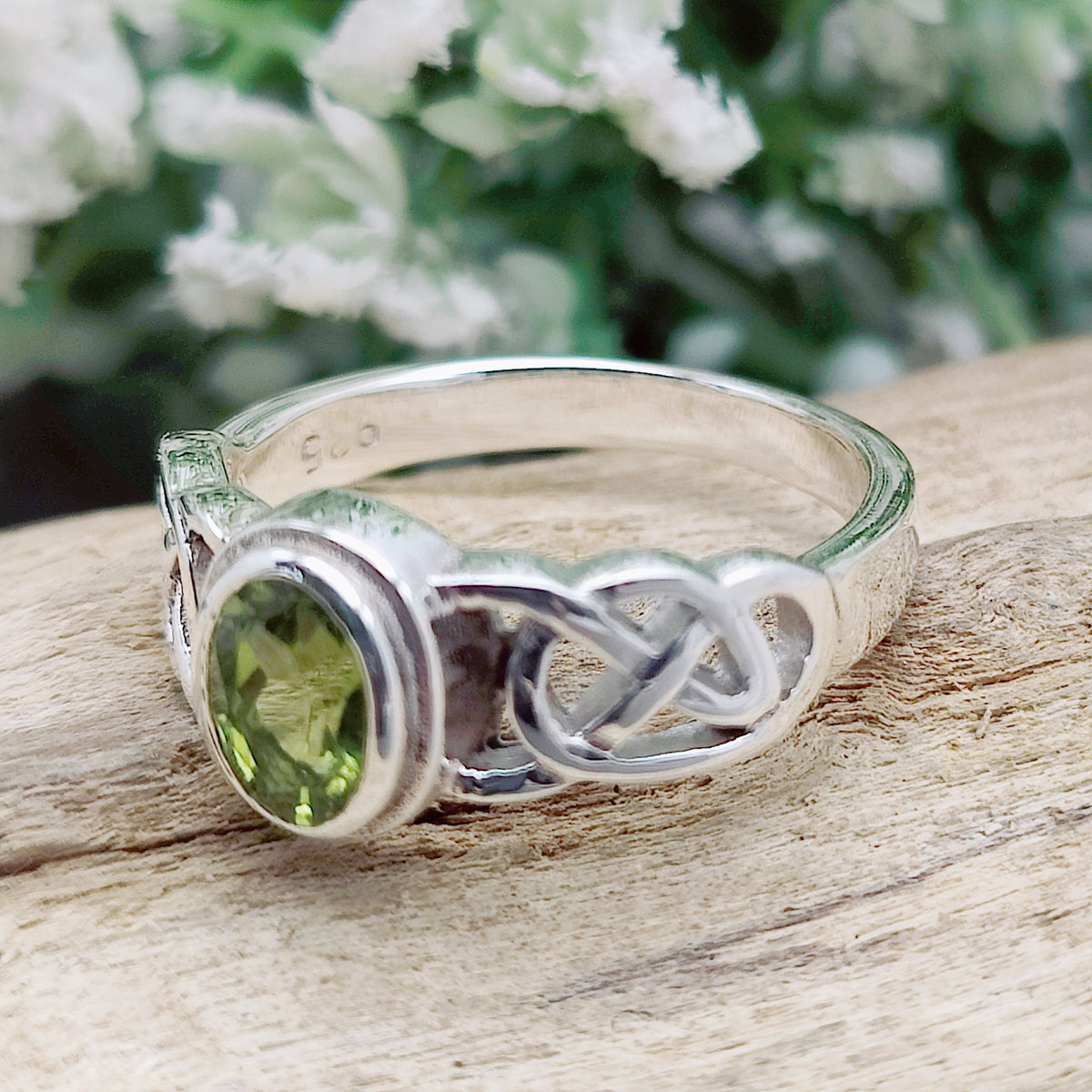 Peridot Gemstone Ring | Celtic Band | August Birthstone | Sterling Silver
