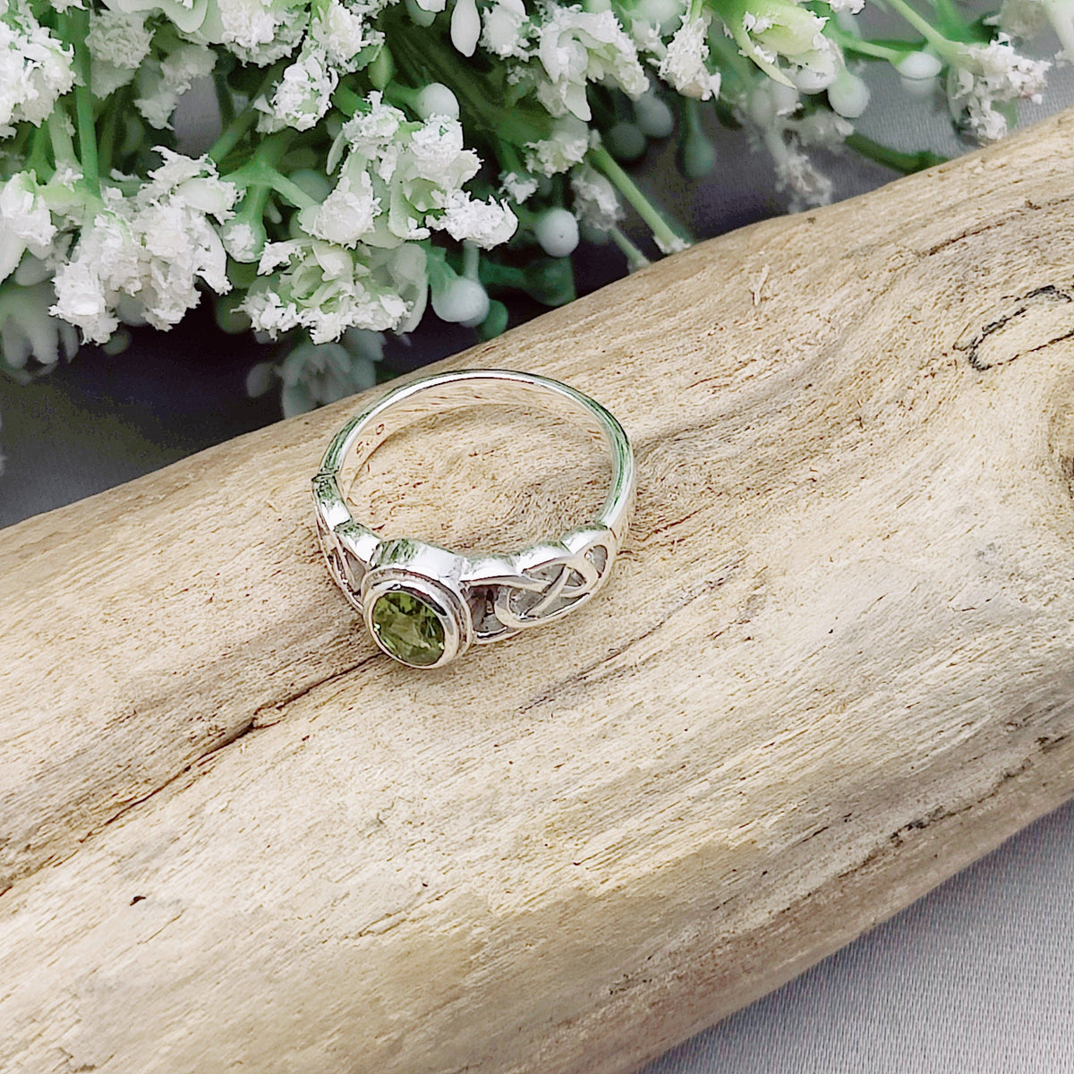 Peridot Gemstone Ring | Celtic Band | August Birthstone | Sterling Silver