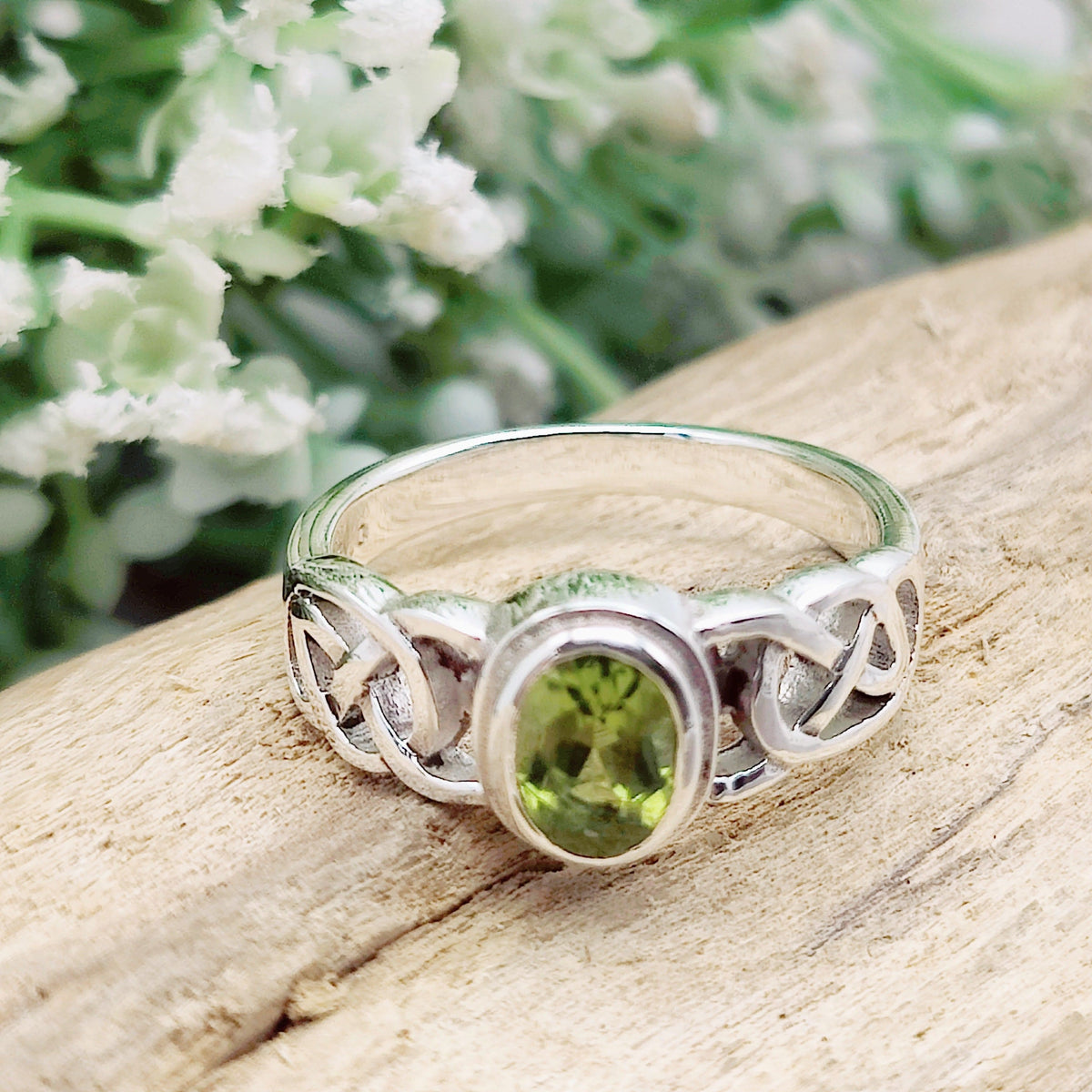 Peridot Gemstone Ring | Celtic Band | August Birthstone | Sterling Silver