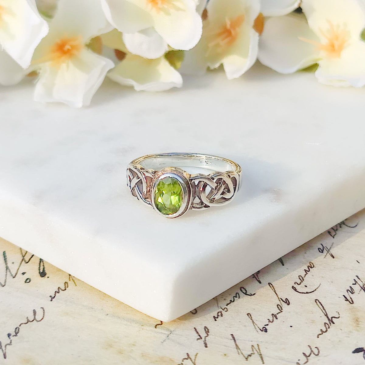 Peridot Gemstone Ring | Celtic Band | August Birthstone | Sterling Silver