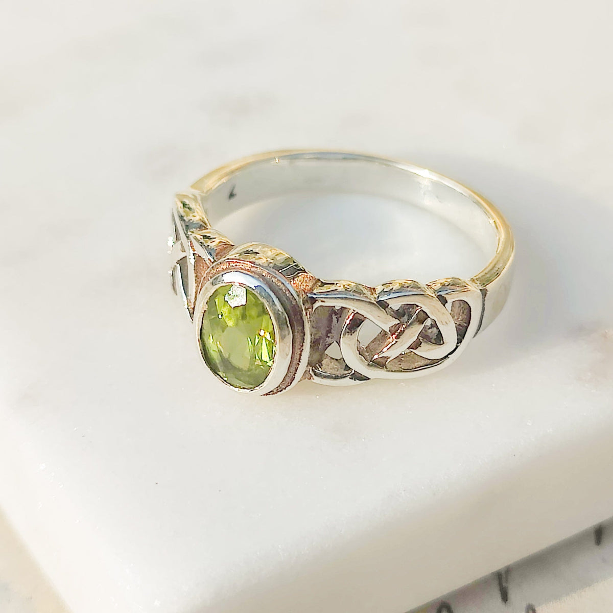 Peridot Gemstone Ring | Celtic Band | August Birthstone | Sterling Silver